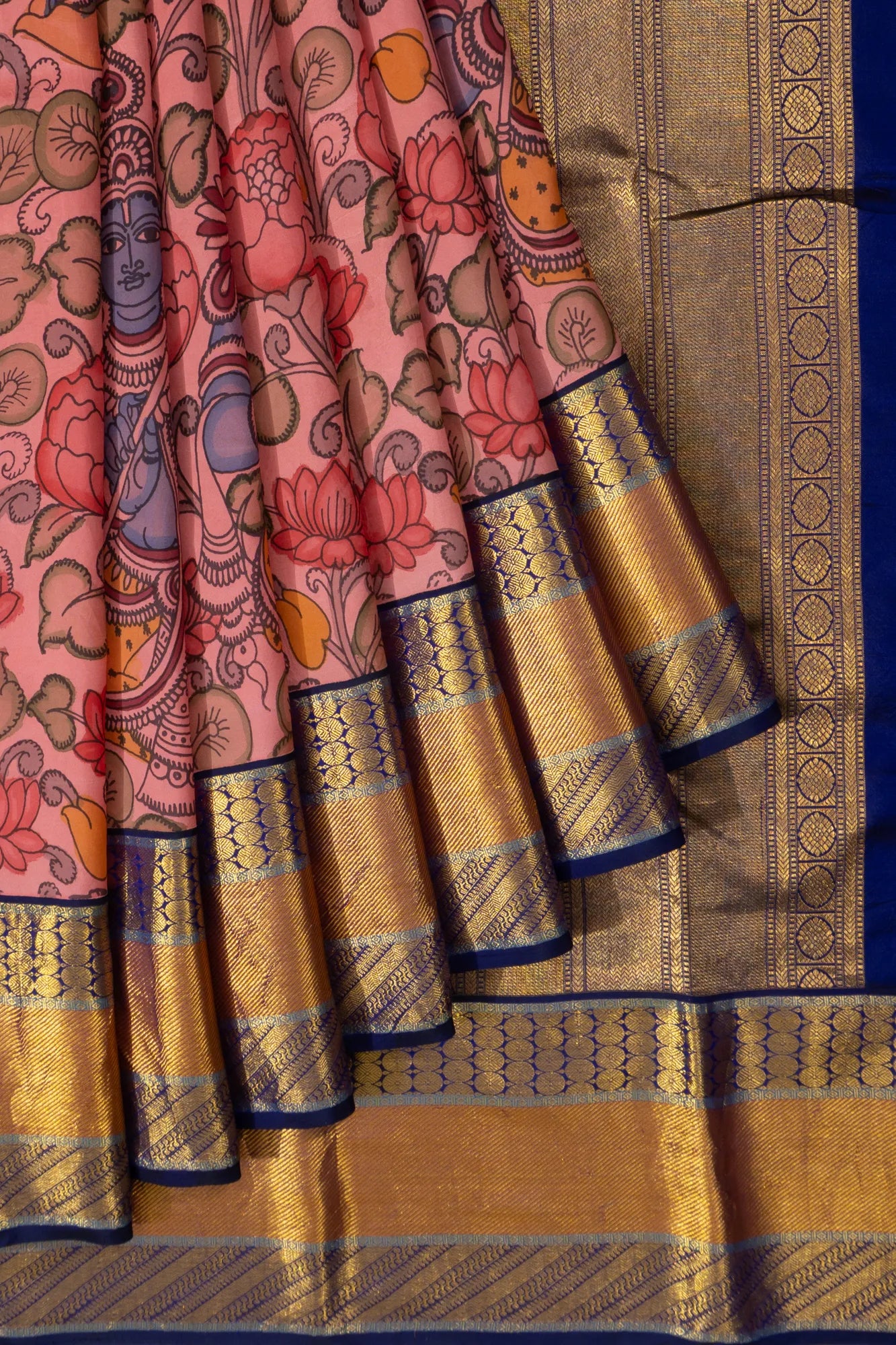 Kanchipuram Silk Kalamkari Hand Painted Peach Saree