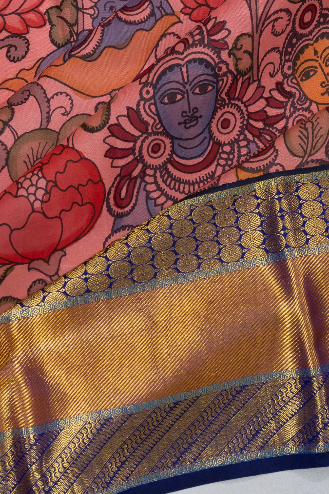 Kanchipuram Silk Kalamkari Hand Painted Peach Saree