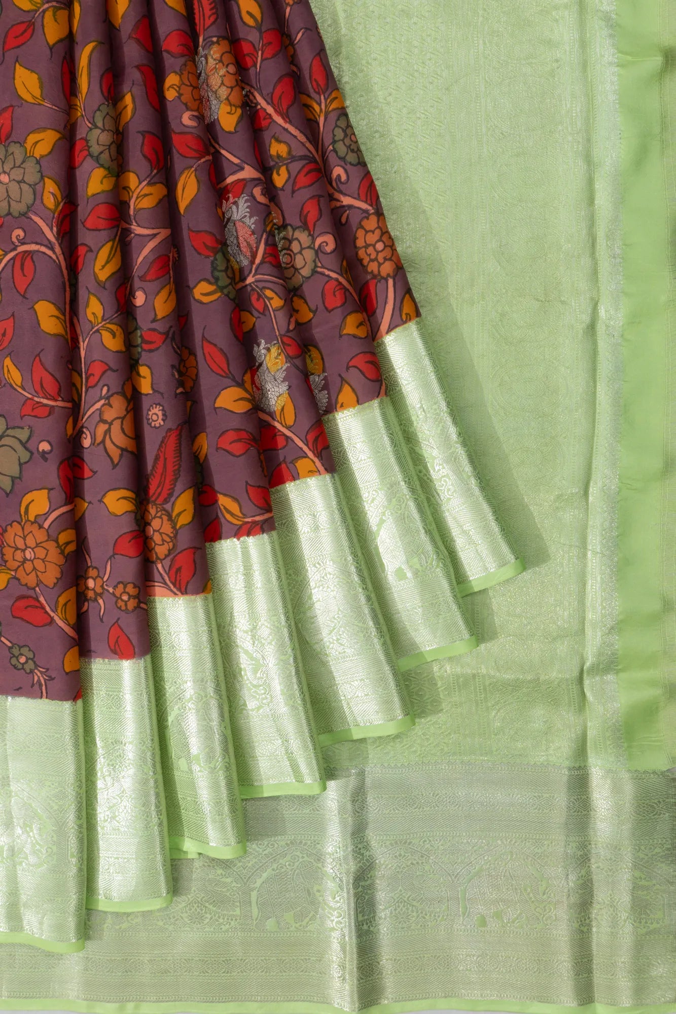 Kanchipuram Silk Kalamkari Hand Painted Butta Lilac Saree