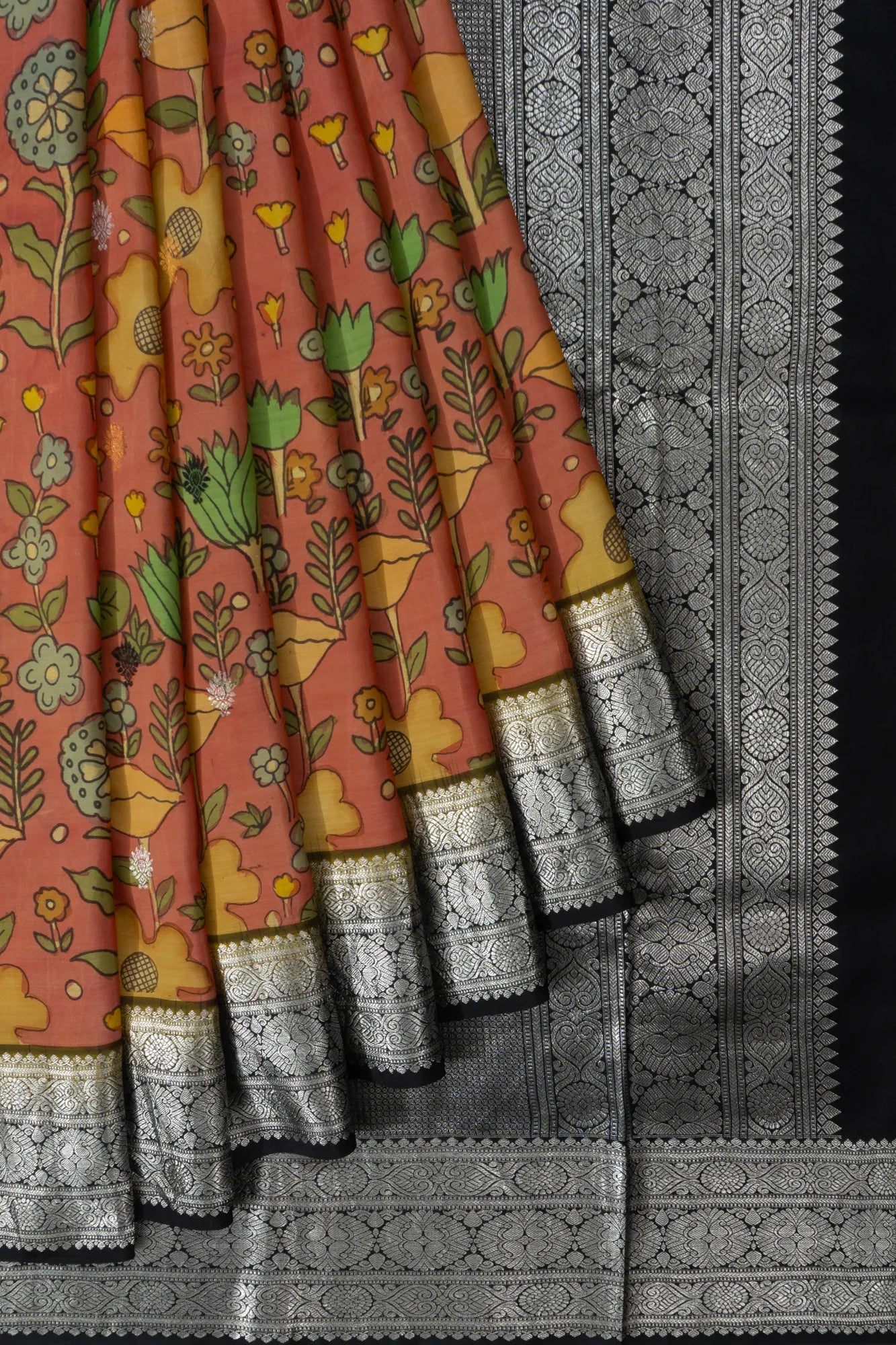 Kanchipuram Silk Kalamkari Hand Painted Butta Red Saree