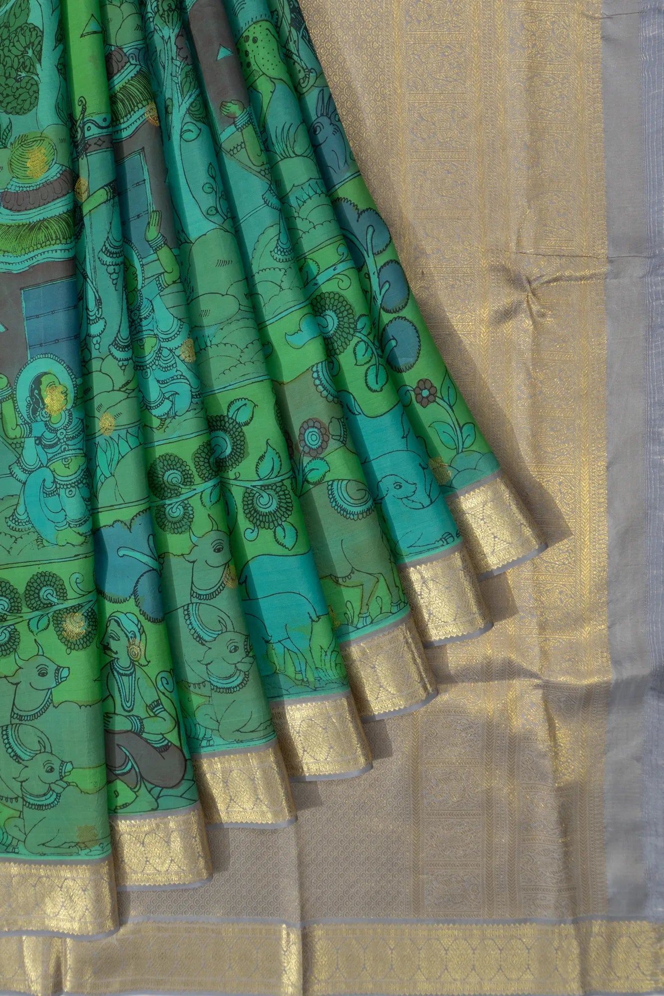 Kanchipuram Silk Kalamkari Hand Painted Butta Green Saree