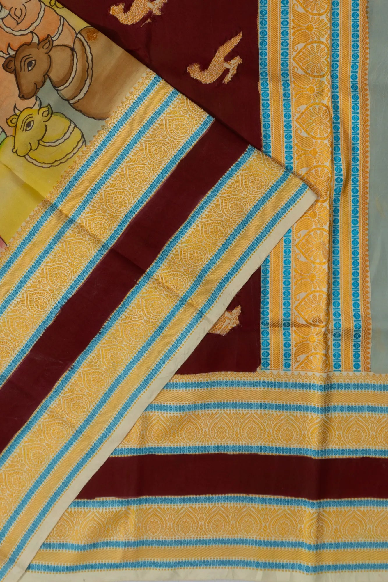 Kanchipuram Silk Kalamkari Hand Painted Powder Blue Saree With Rettai Pettu Border