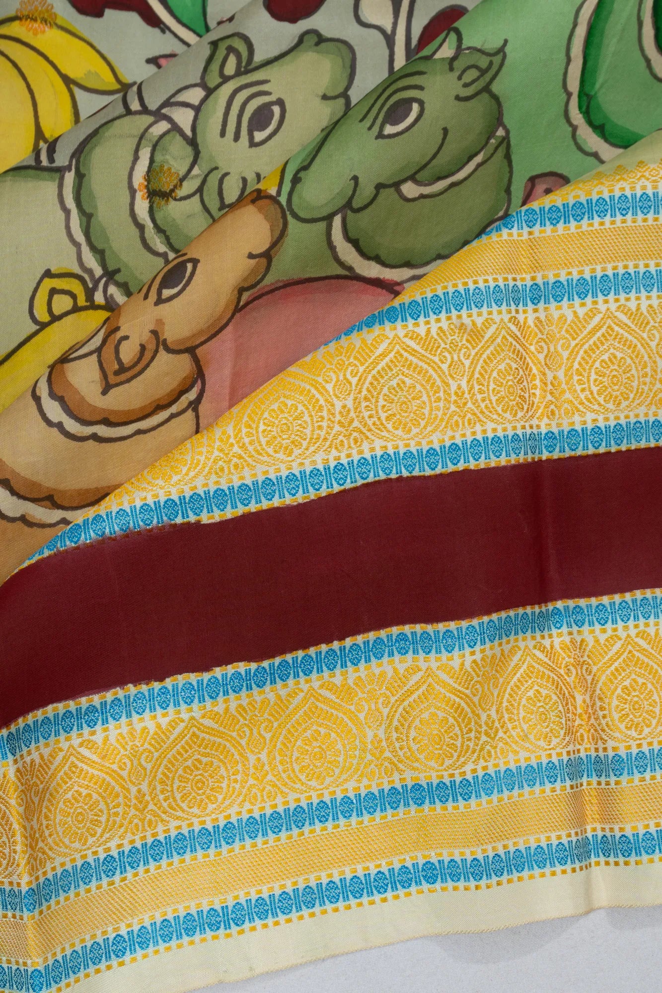 Kanchipuram Silk Kalamkari Hand Painted Powder Blue Saree With Rettai Pettu Border