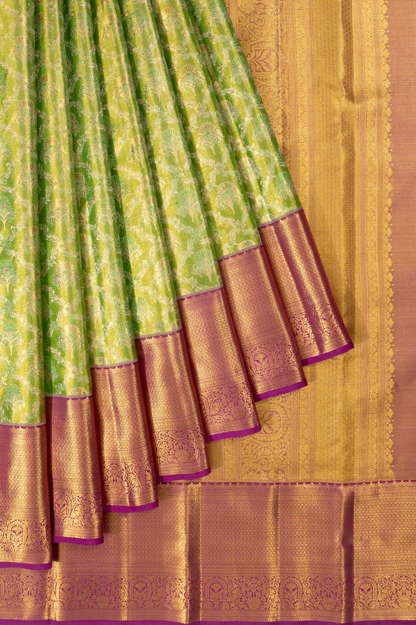 Taranga Kanchi Silk Tissue Jaal Parrot Green Saree