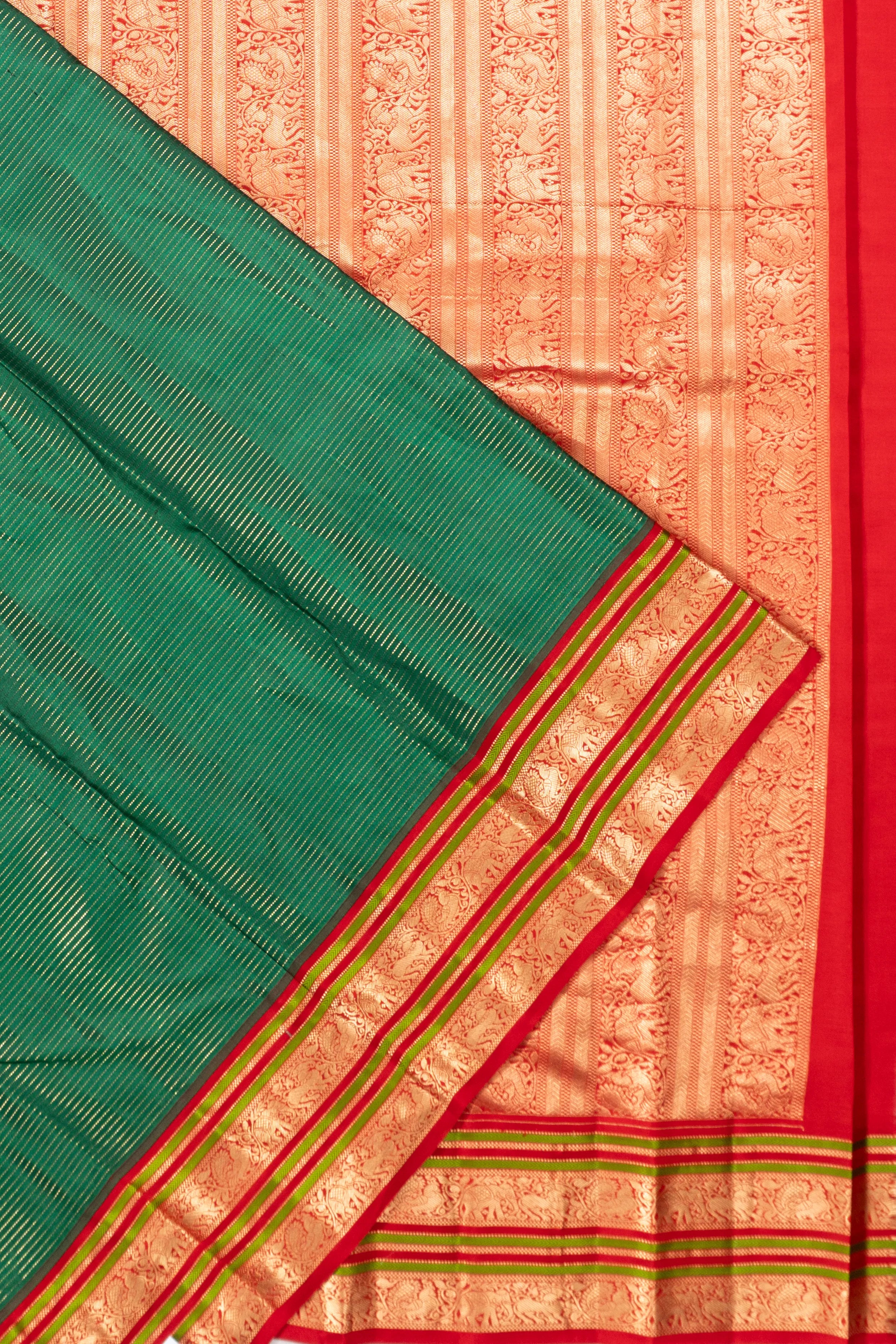 Taranga Kanchi Silk Oosi Lines Bottle Green Saree