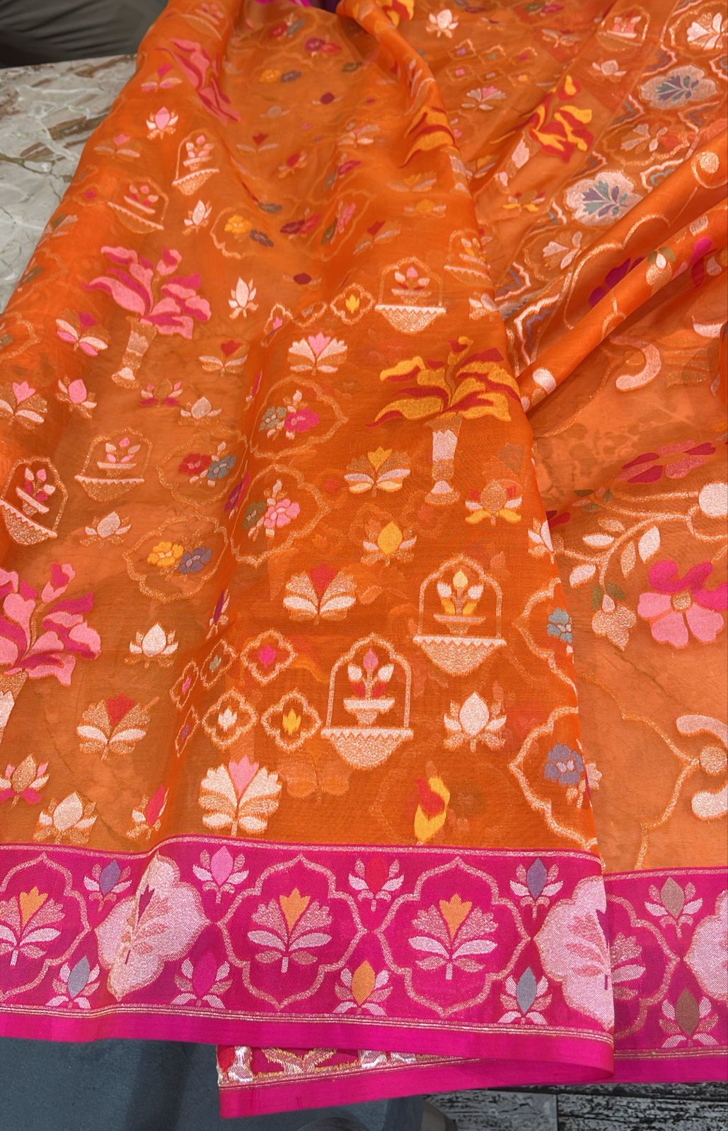 Banarasi Kora Organza Brocade Orange Saree