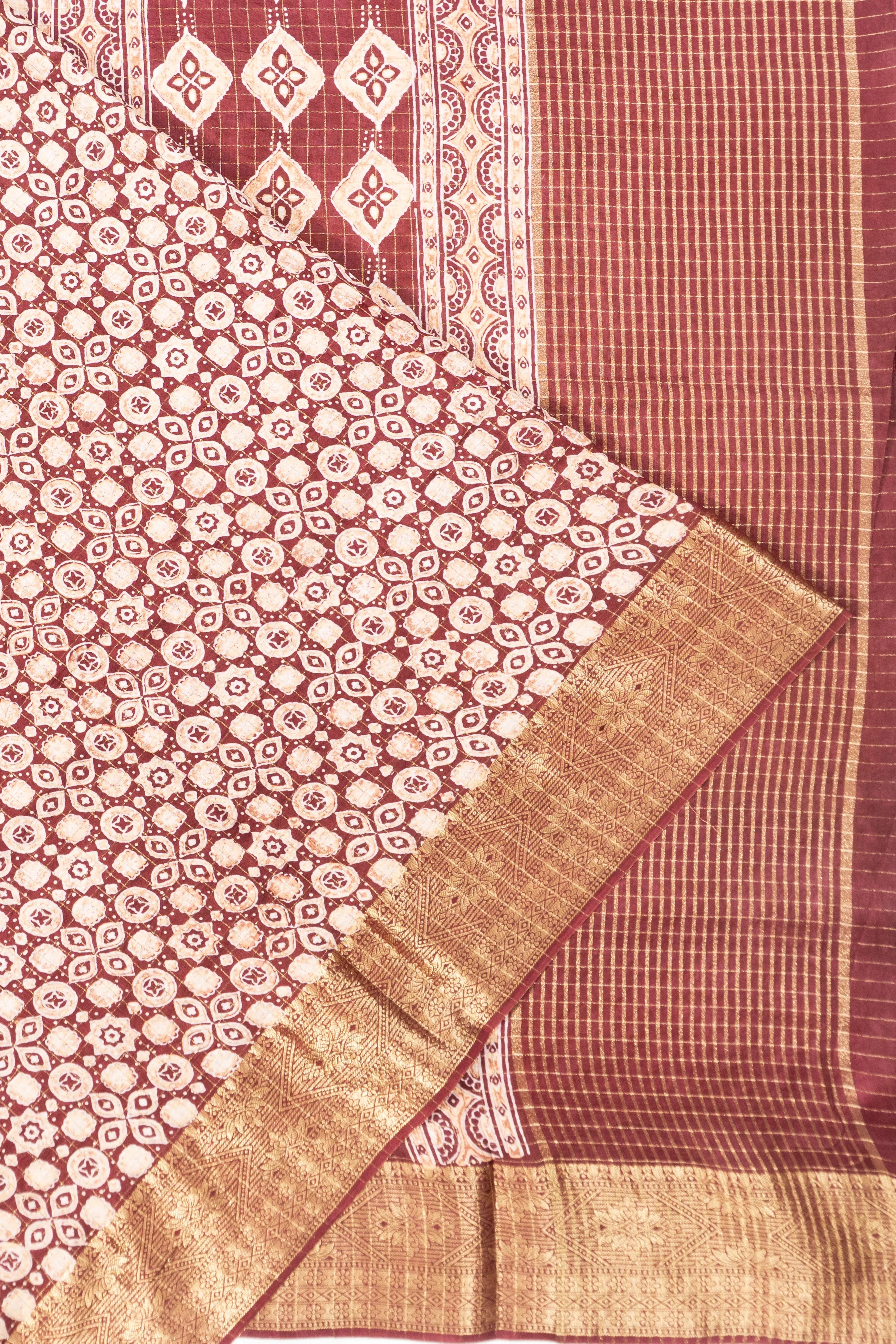Chanderi Cotton Ajrakh Floral Printed Checks Brown Saree
