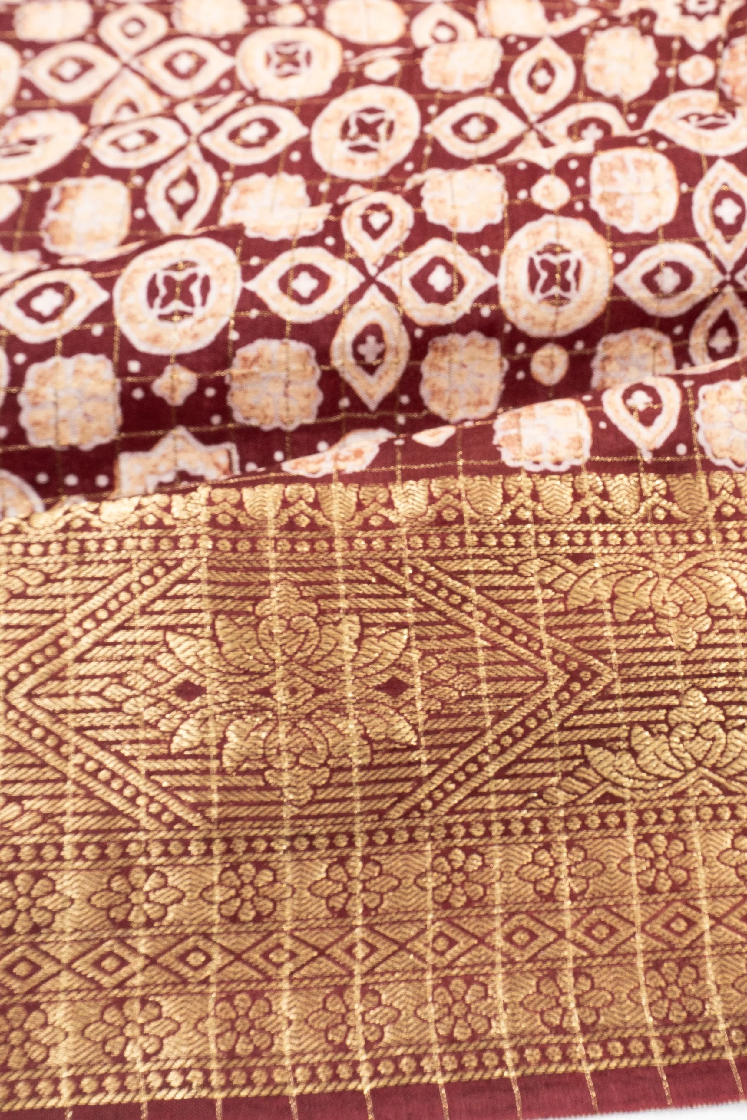 Chanderi Cotton Ajrakh Floral Printed Checks Brown Saree