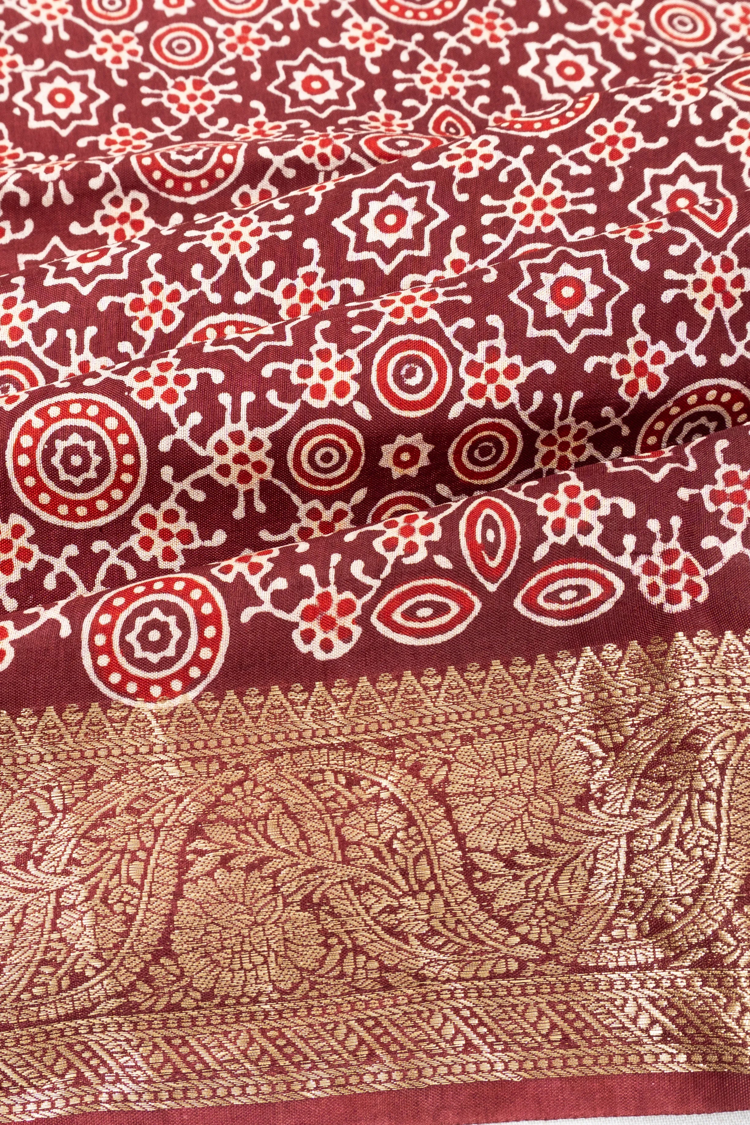 Chanderi Cotton Ajrakh Floral Printed Brocade Brown Saree