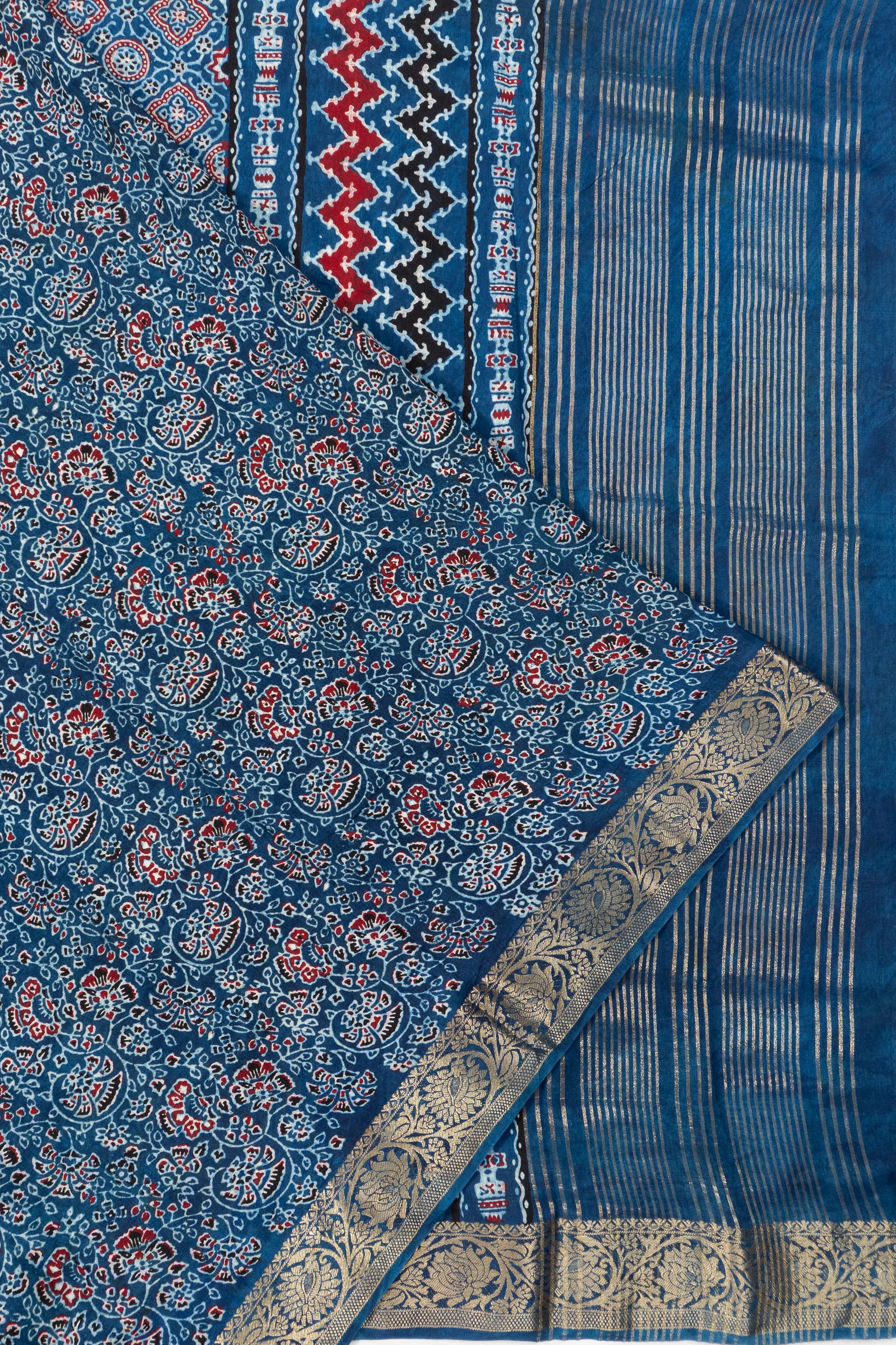 Chanderi Cotton Ajrakh Floral Printed Brocade Blue Saree