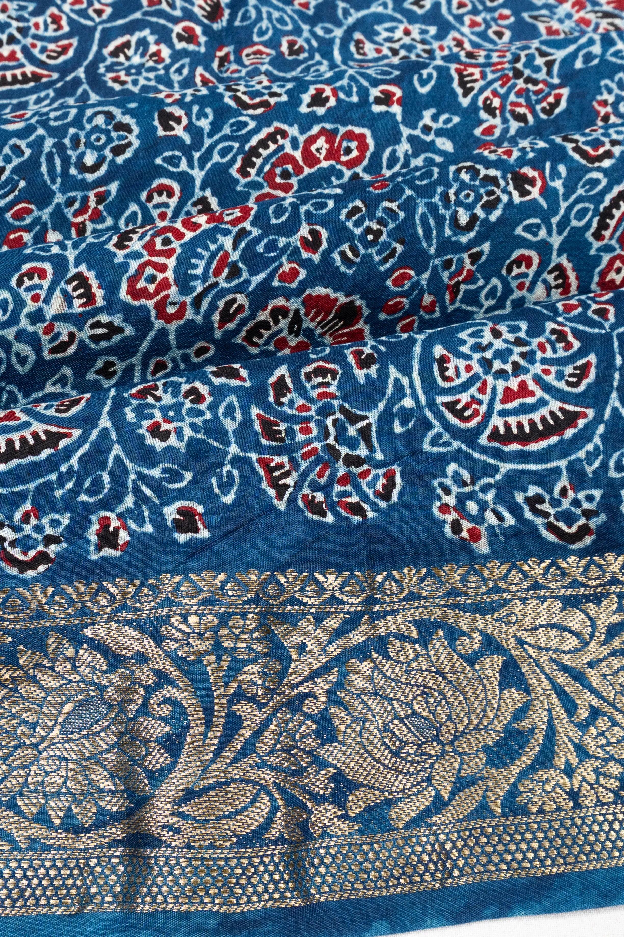 Chanderi Cotton Ajrakh Floral Printed Brocade Blue Saree