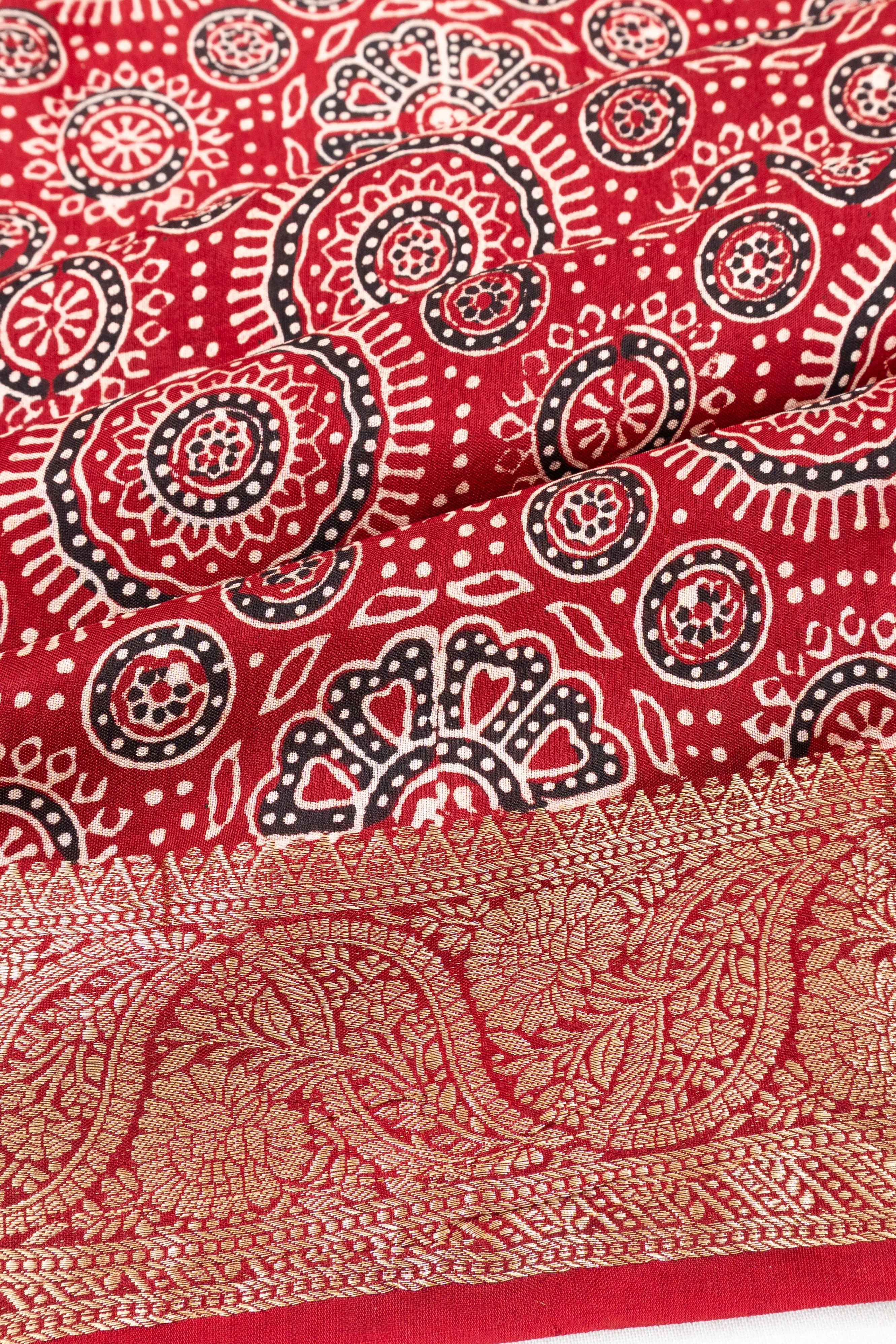Chanderi Cotton Ajrakh Floral Printed Brocade Red Saree