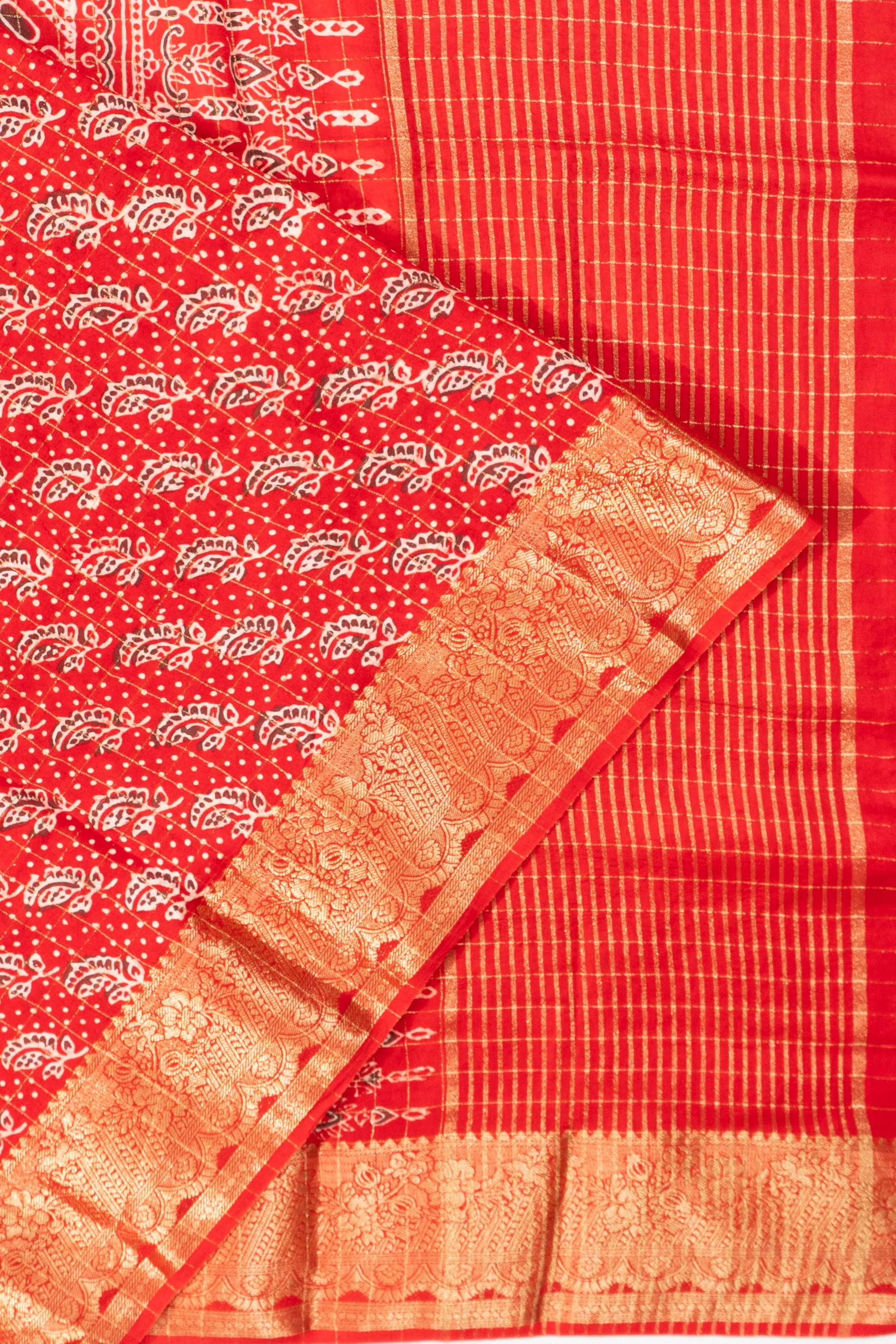 Chanderi Cotton Ajrakh Floral Printed Checks Red Saree