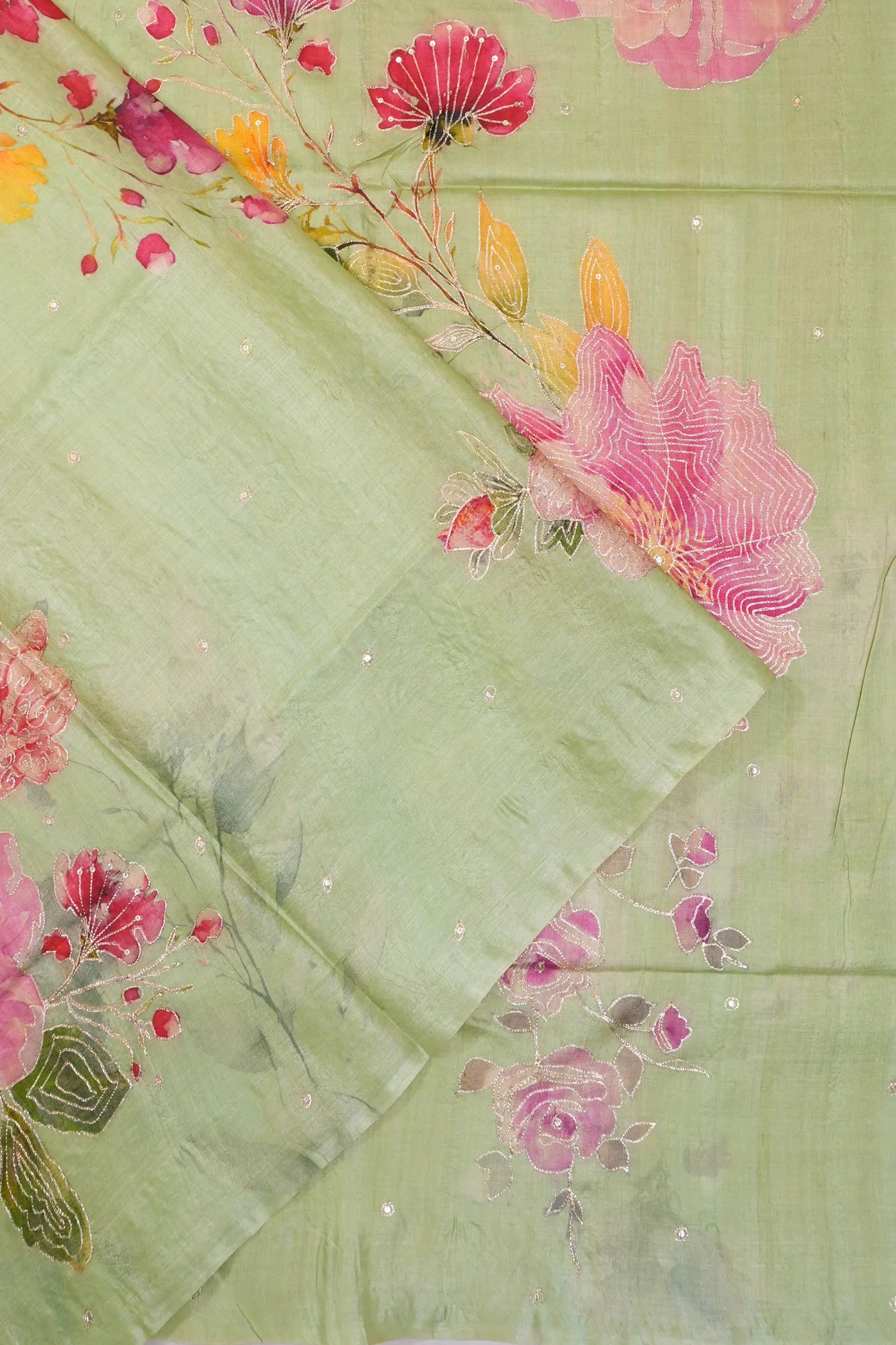 Tussar Soft Silk Printed With Sequin Work Pista Green Saree