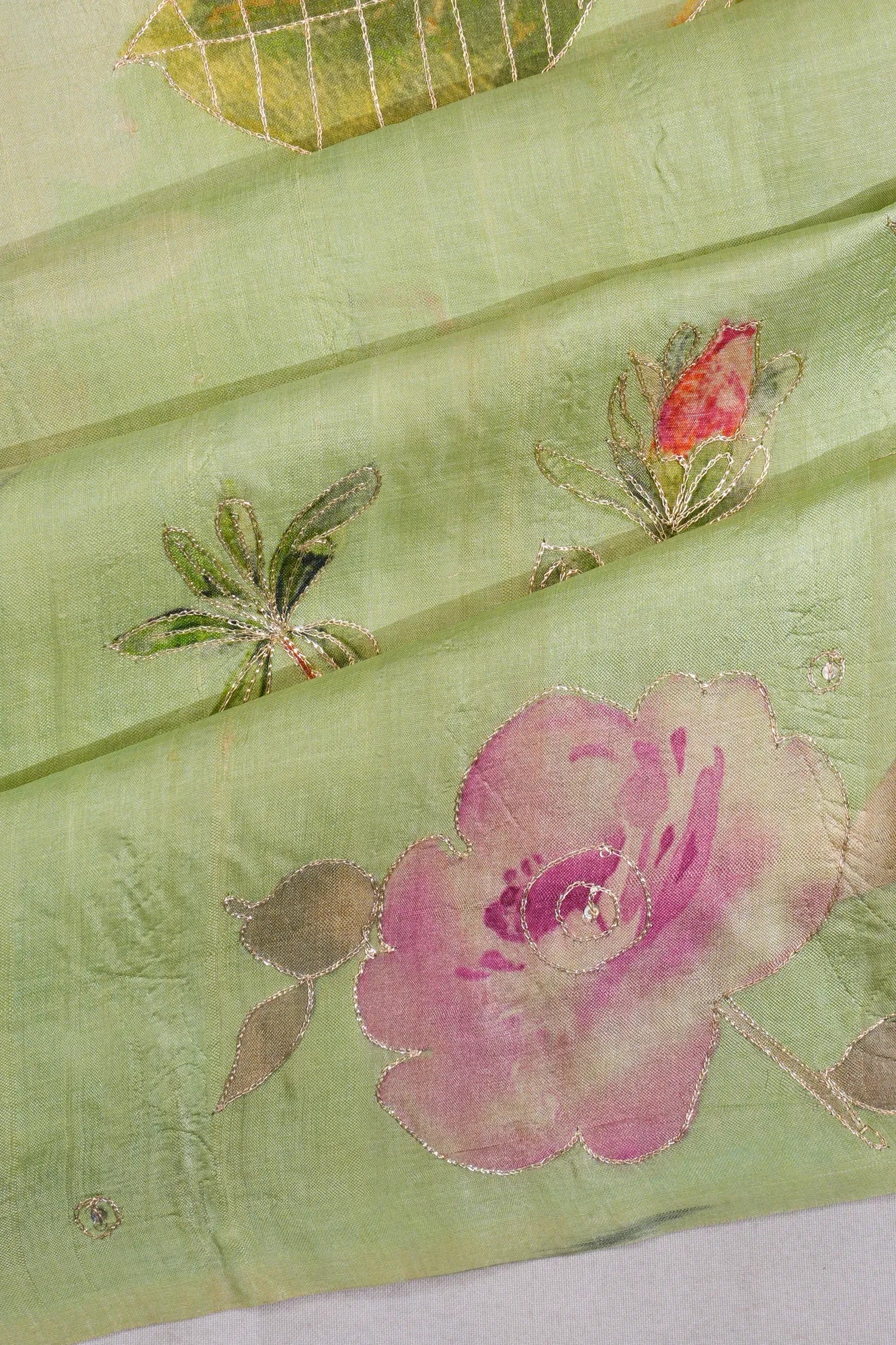 Tussar Soft Silk Printed With Sequin Work Pista Green Saree