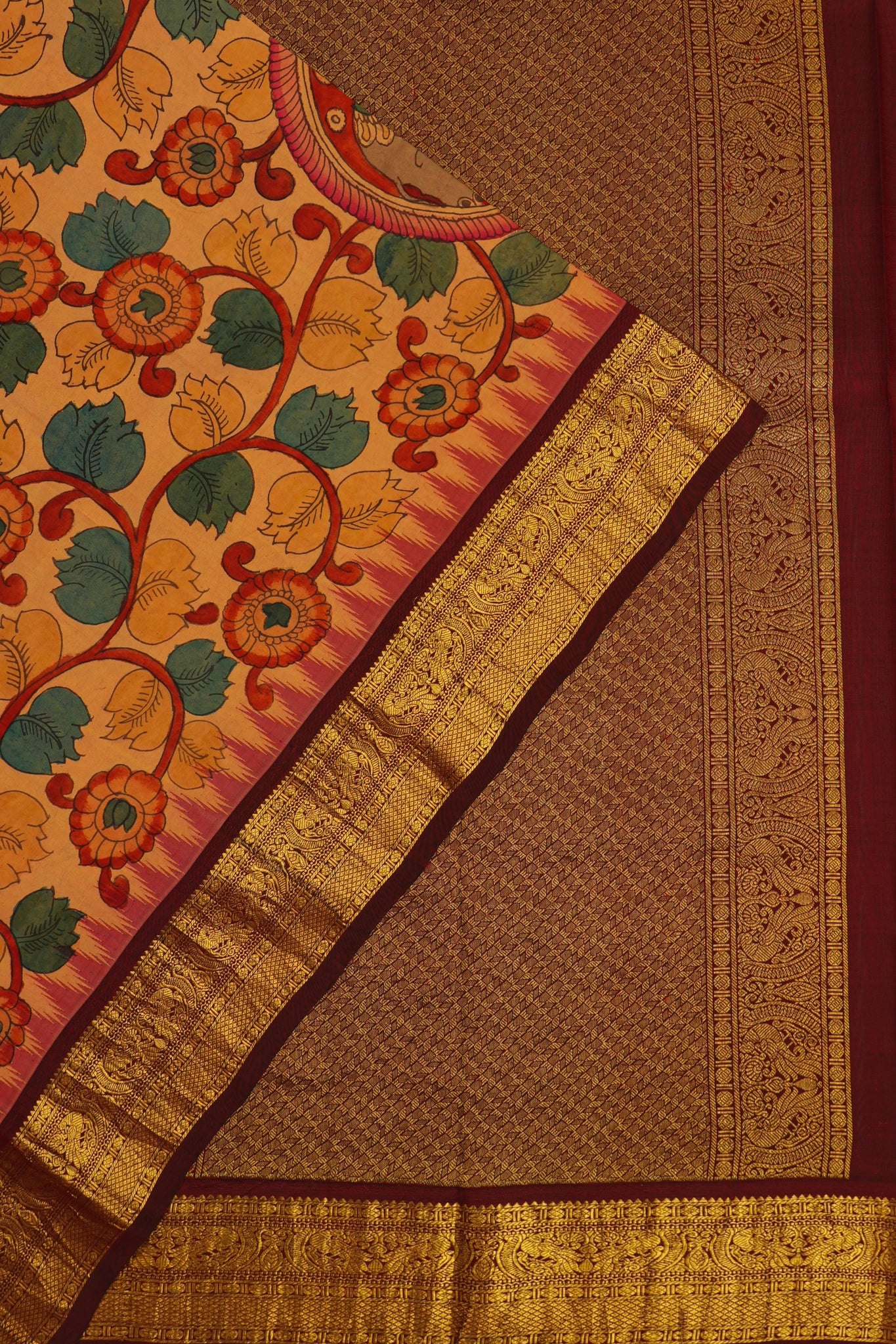 Kanchipuram Silk Kalamkari Handpainted Yellow Saree