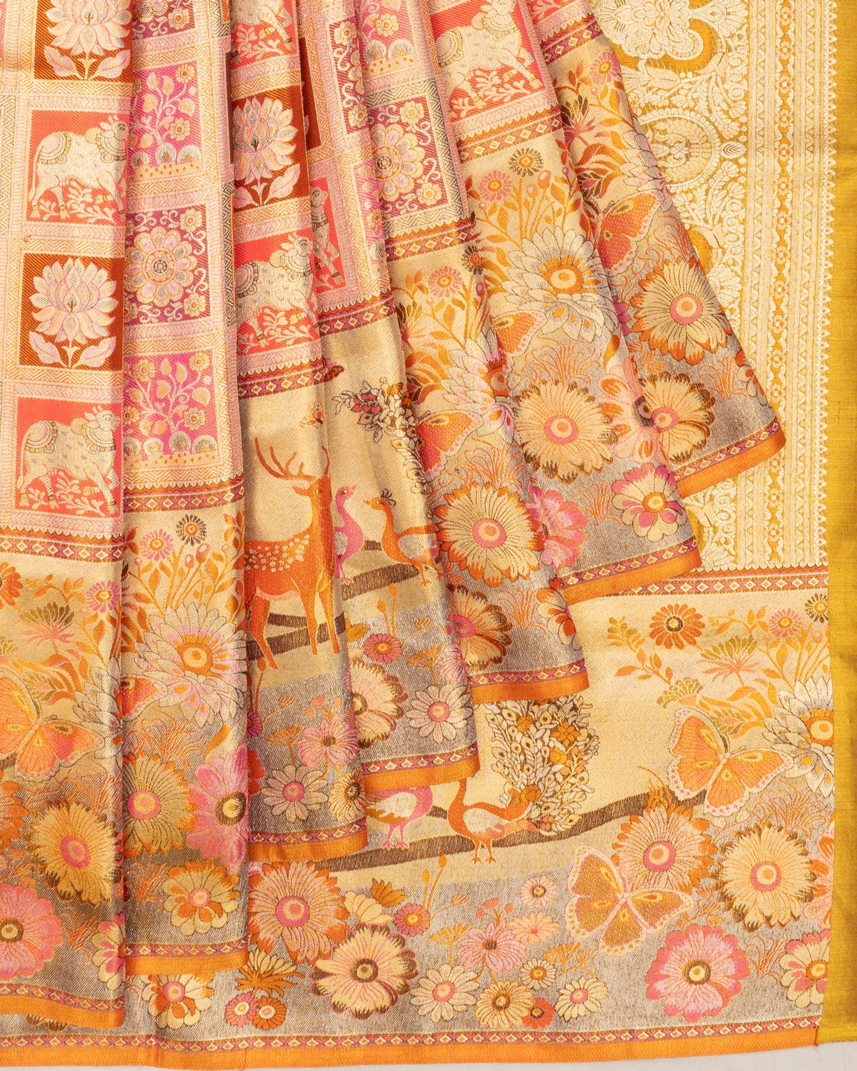 Taranga Kanchi Silk Tissue Checks And Butta Gold Saree