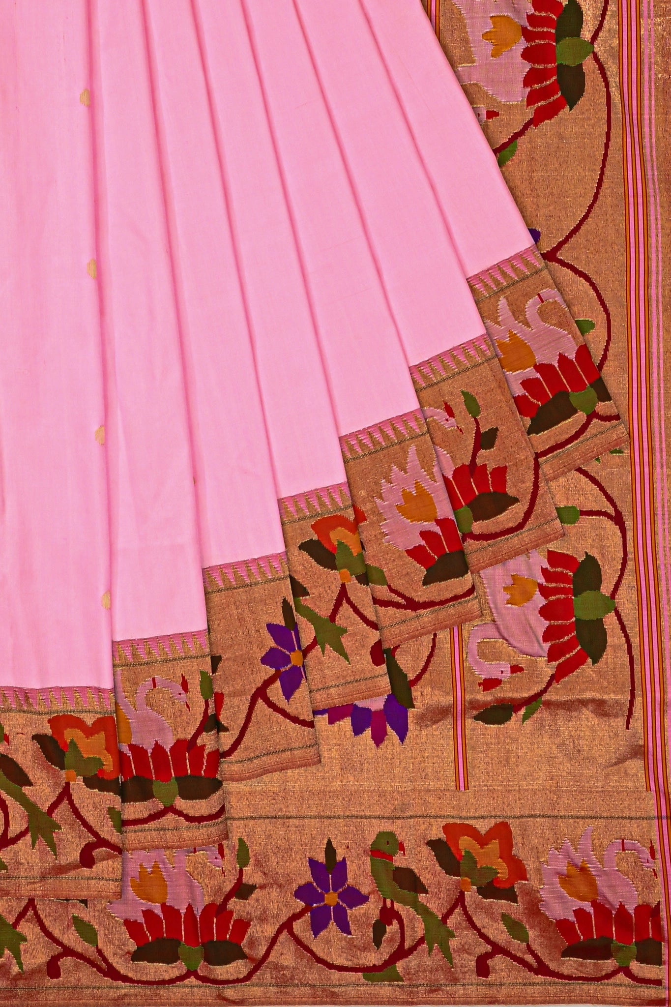 Paithani Silk Butta Baby Pink Saree With Lotus Border