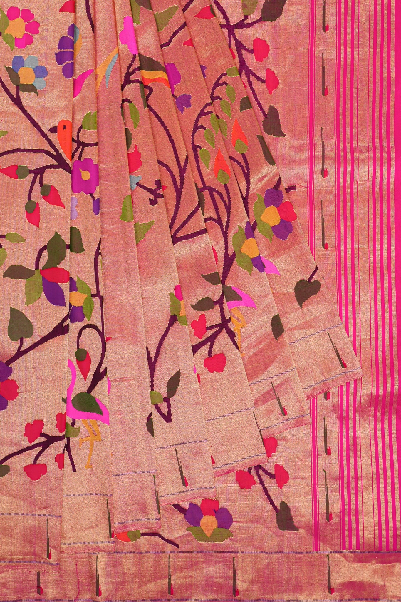 Paithani Silk Tissue All Over Jaal Pink Saree With Single Muniya Border