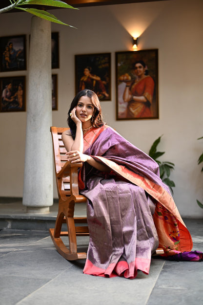 Paithani Silk Vertical Lines Purple Saree With Single Muniya Border