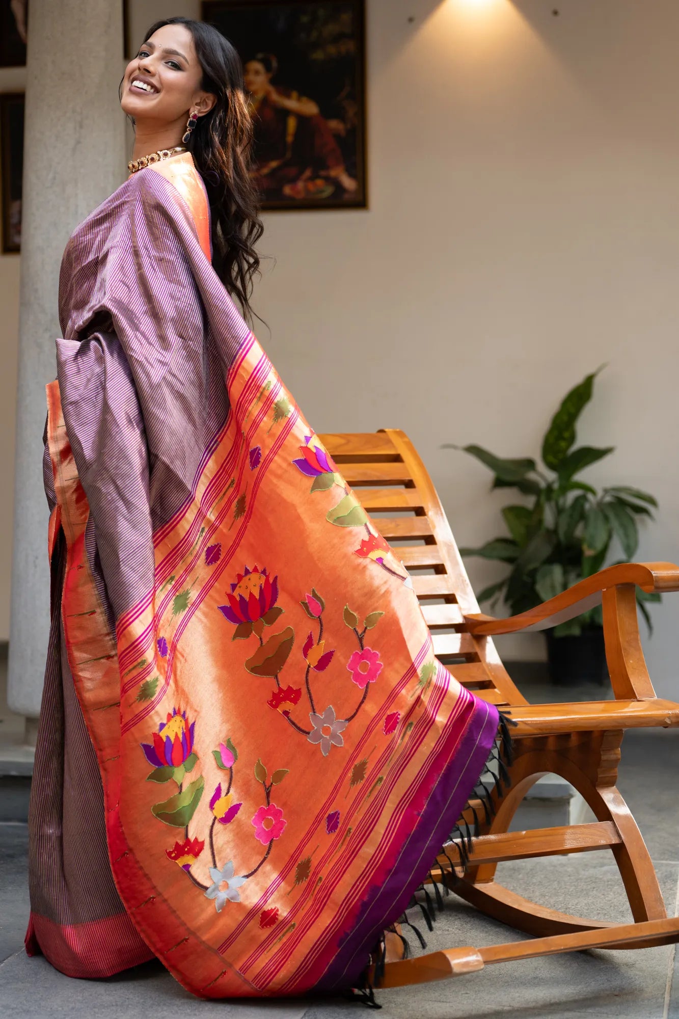 Paithani Silk Vertical Lines Purple Saree With Single Muniya Border