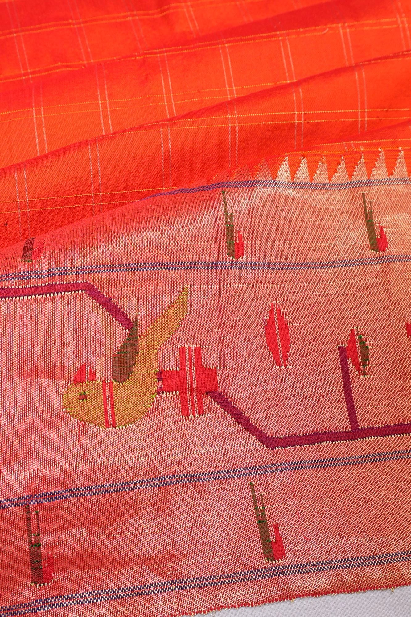 Paithani Silk Checks Orange Saree With Akruthi Border