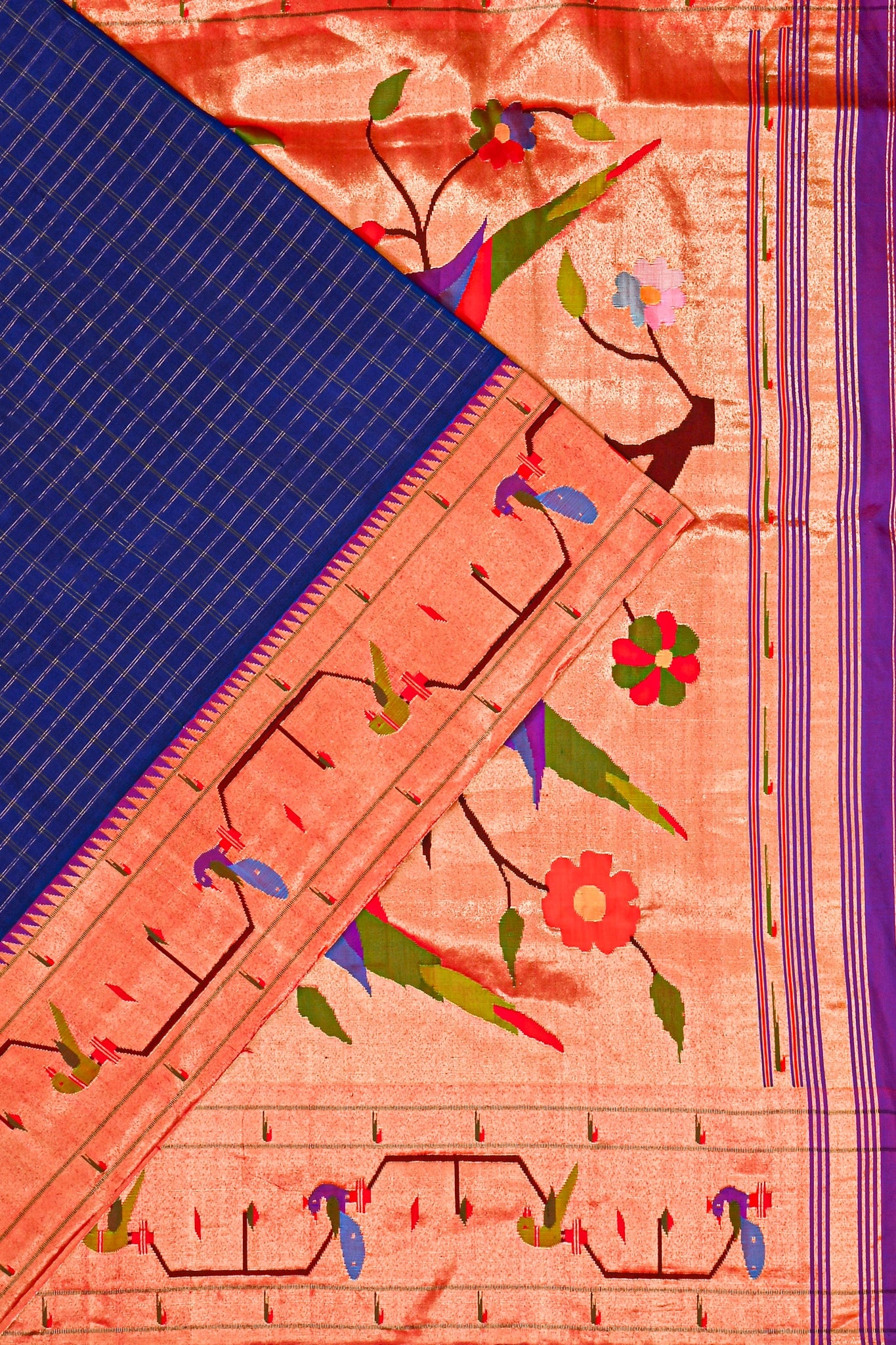 Paithani Silk Blue Checks Saree With Akruthi Border
