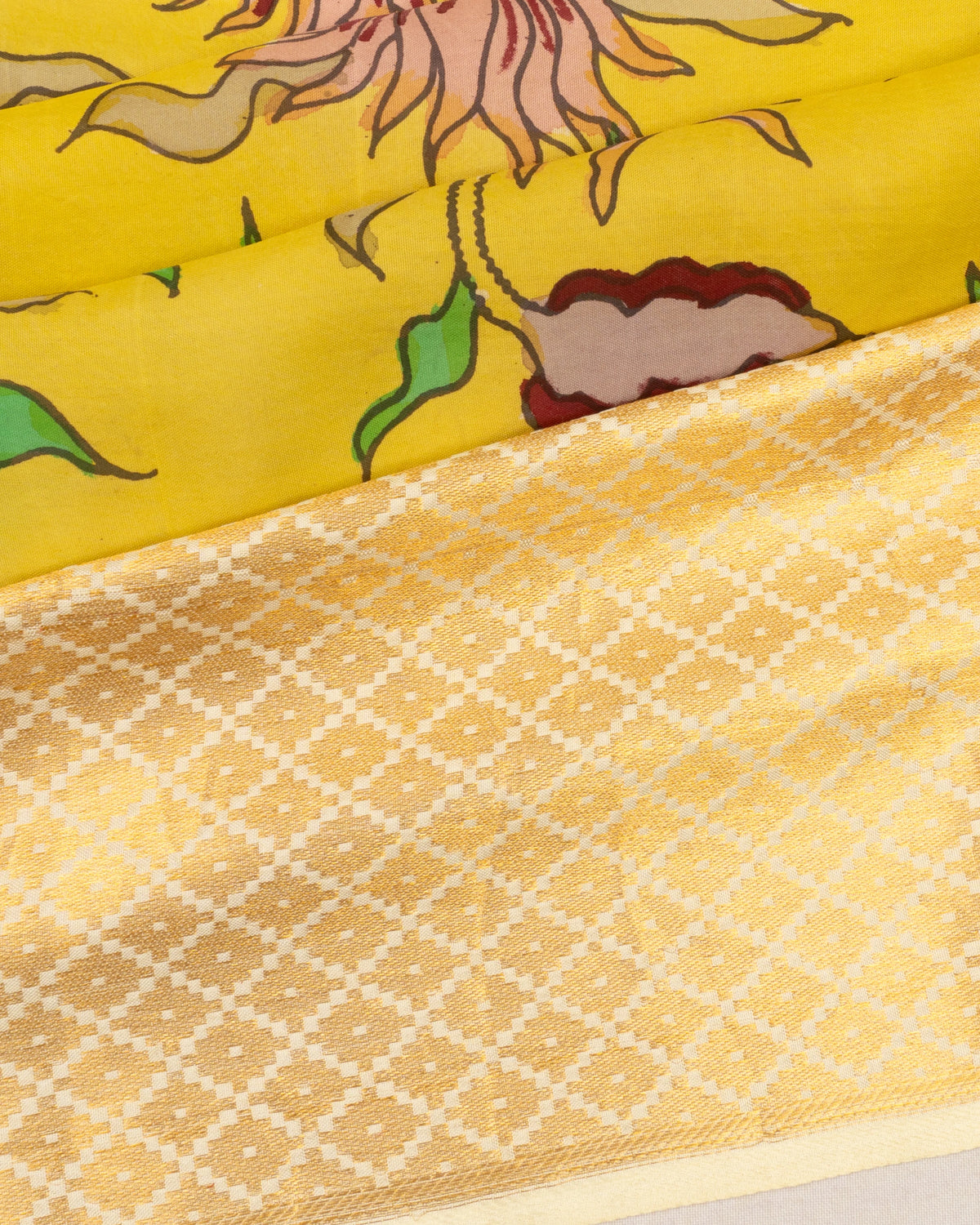 Kanchipuram Silk Kalamkari Hand Painted Yellow Saree