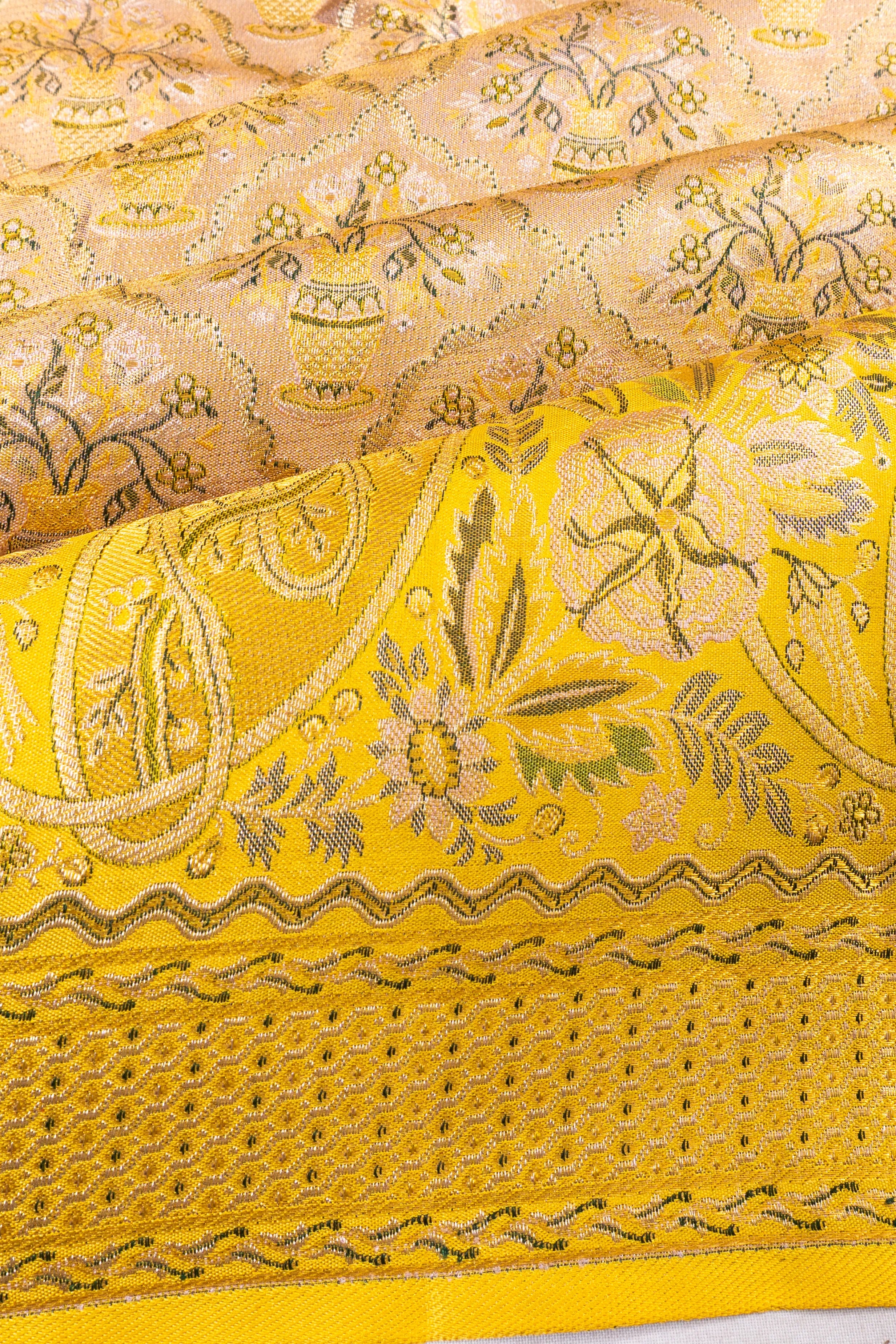 Kanchipuram Silk Tissue Jaal Brocade Gold Saree