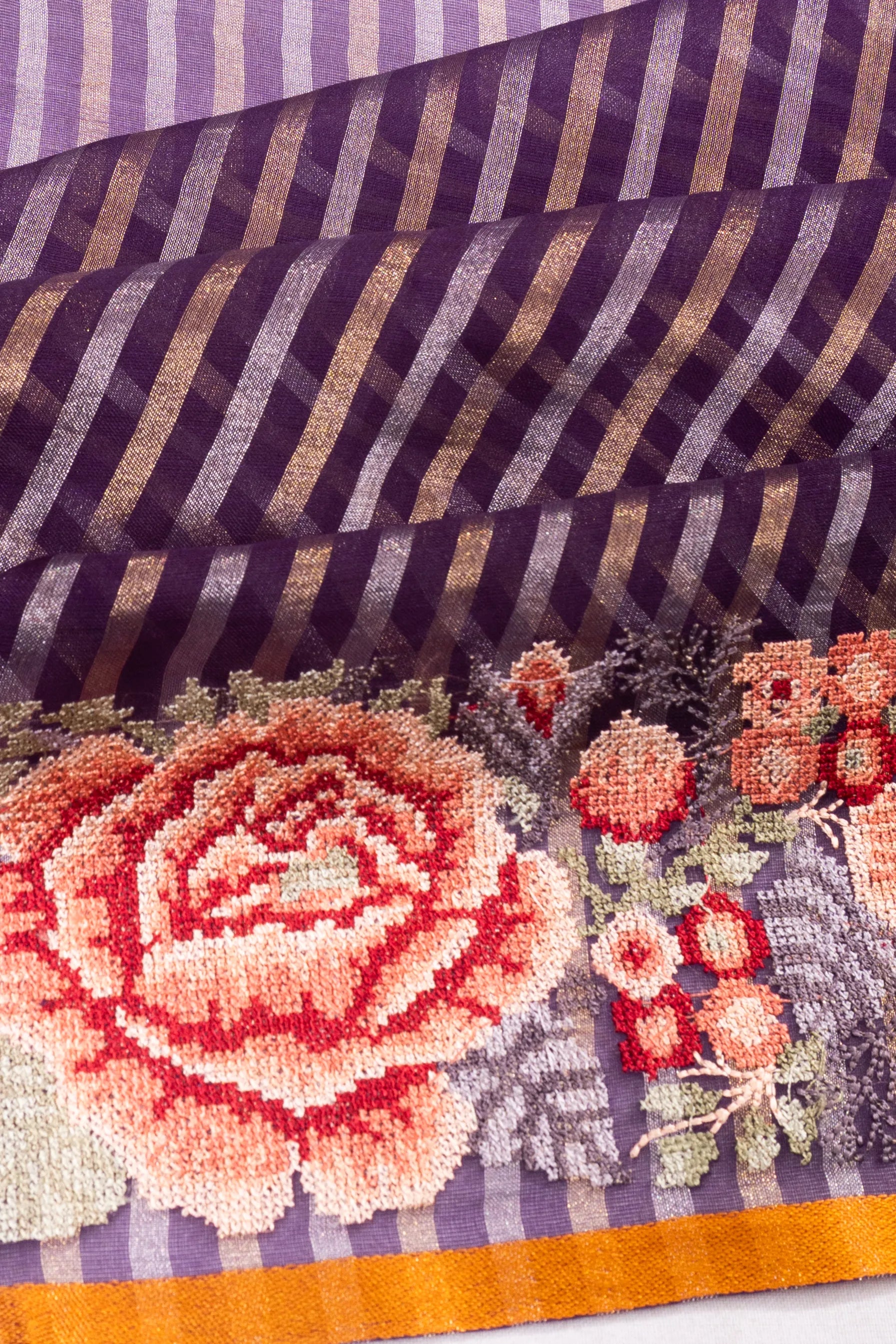 Organza Lines Floral Embroidery Border Purple Saree