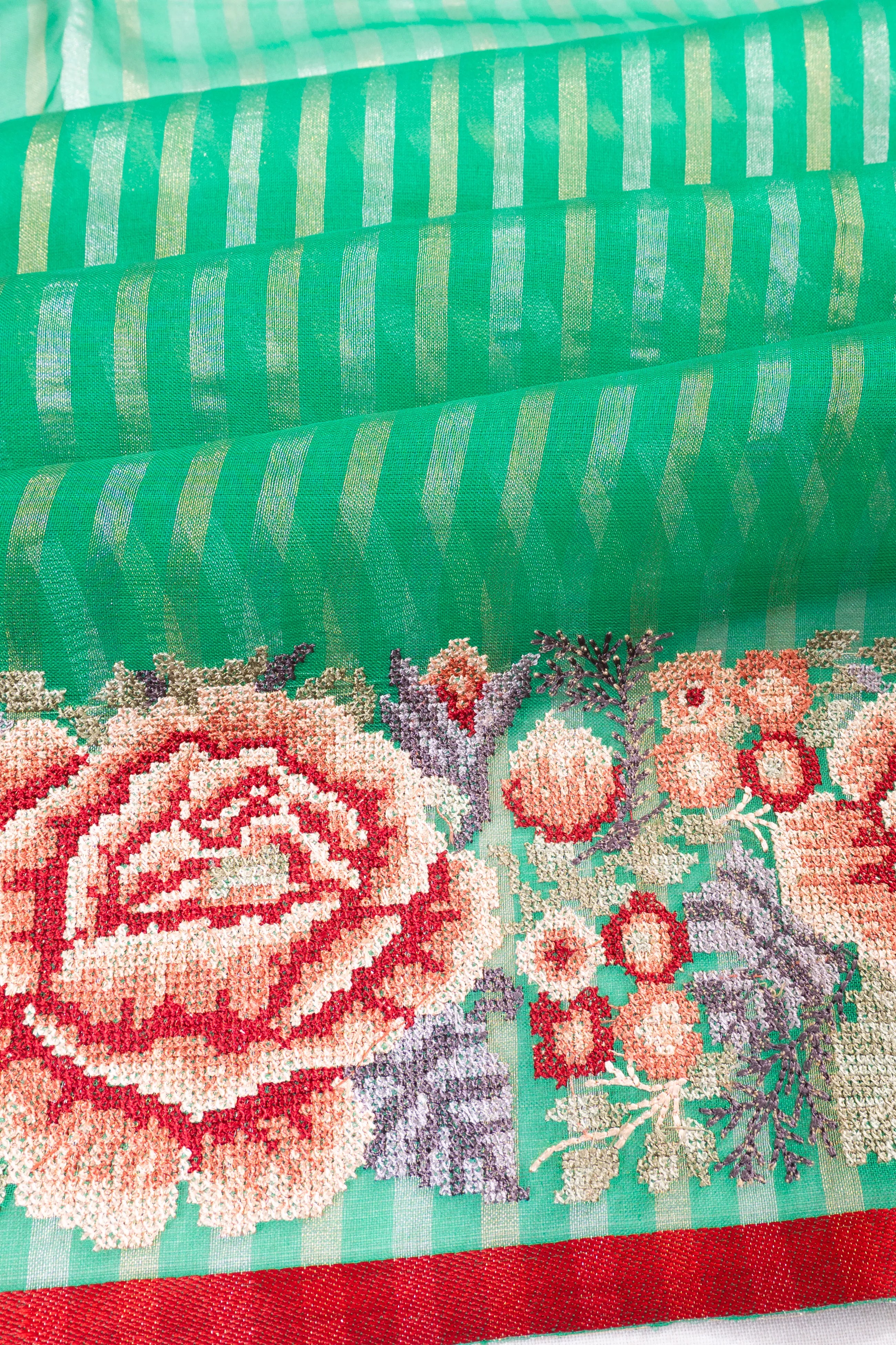 Organza Lines Floral Embroidery Border Sea Green Saree