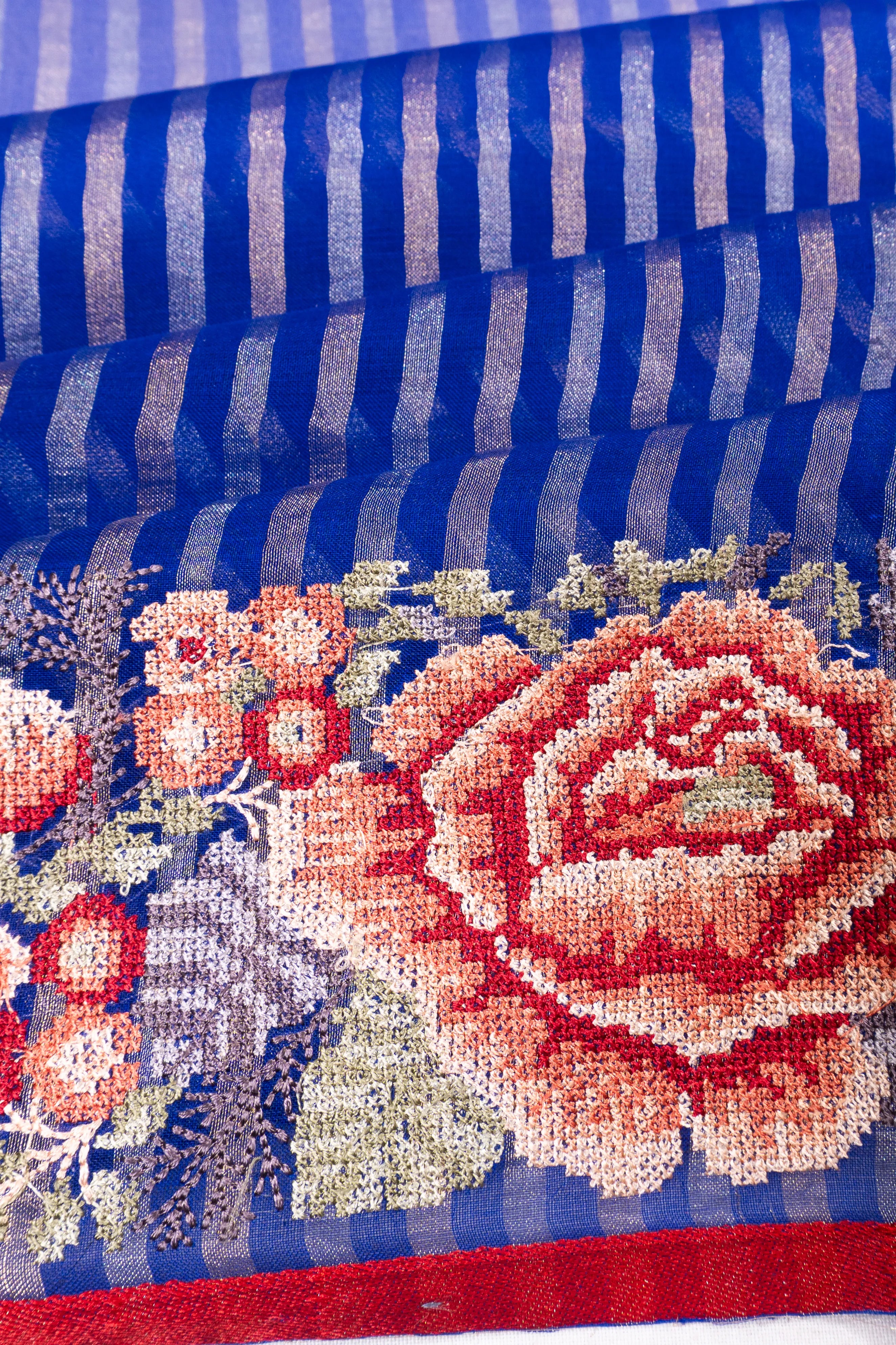 Organza Lines Floral Embroidery Border Blue Saree