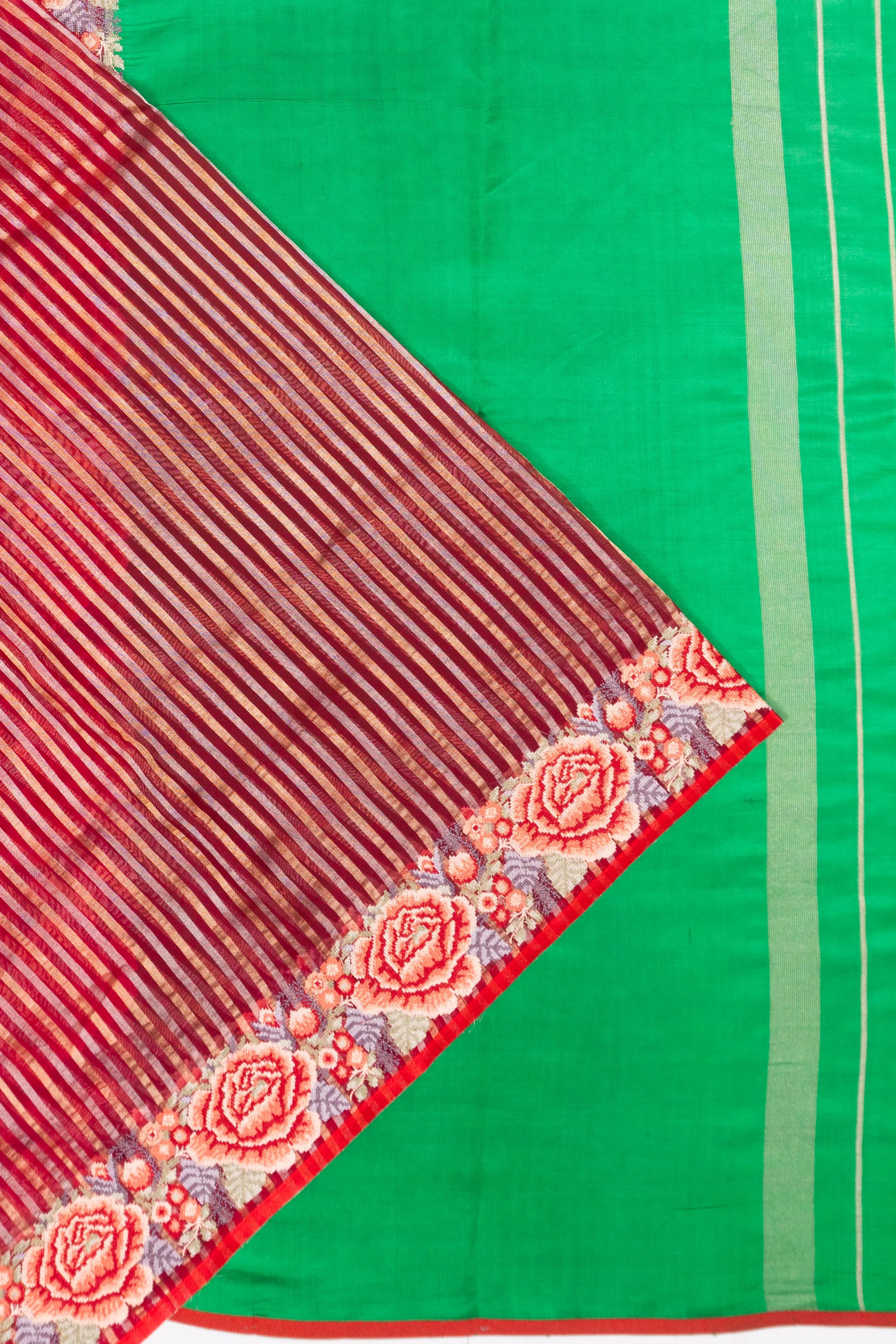 Organza Lines Floral Embroidery Border Red Saree