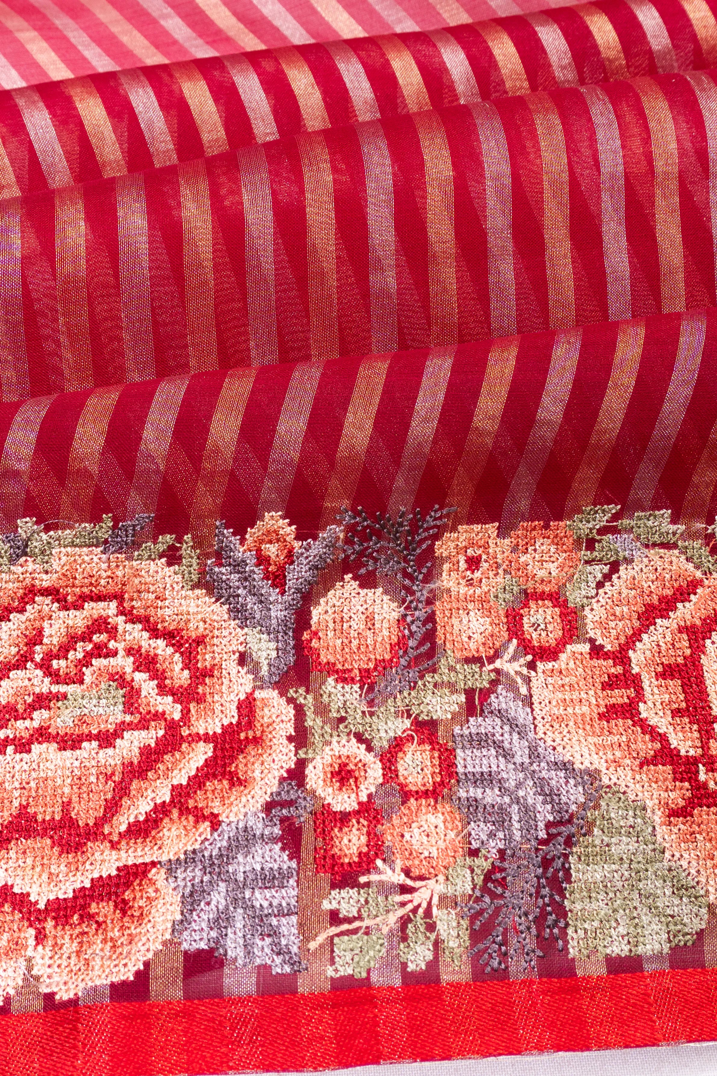 Organza Lines Floral Embroidery Border Red Saree