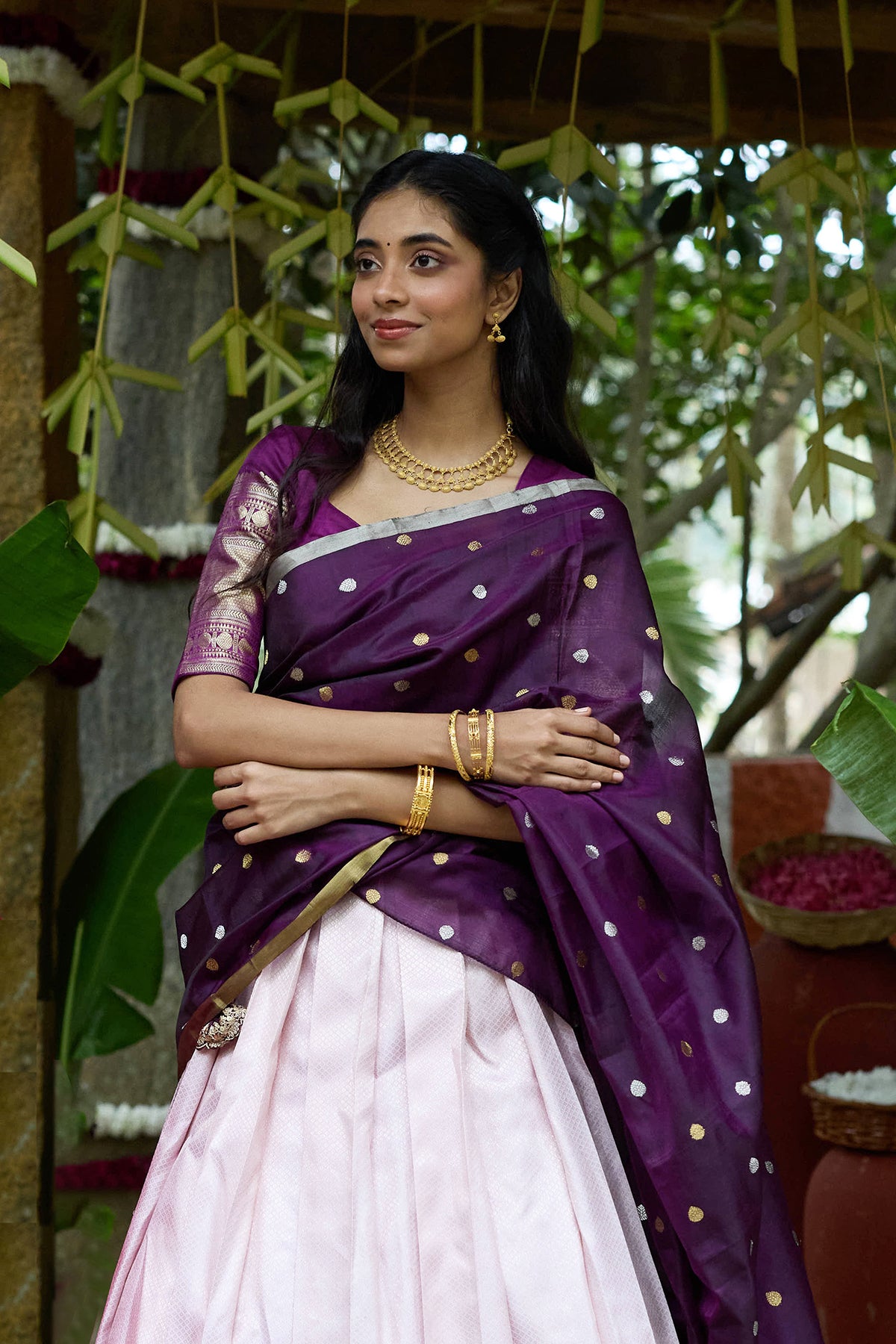 Kanchipuram Silk Brocade Baby Pink Lehenga Set With Big Border