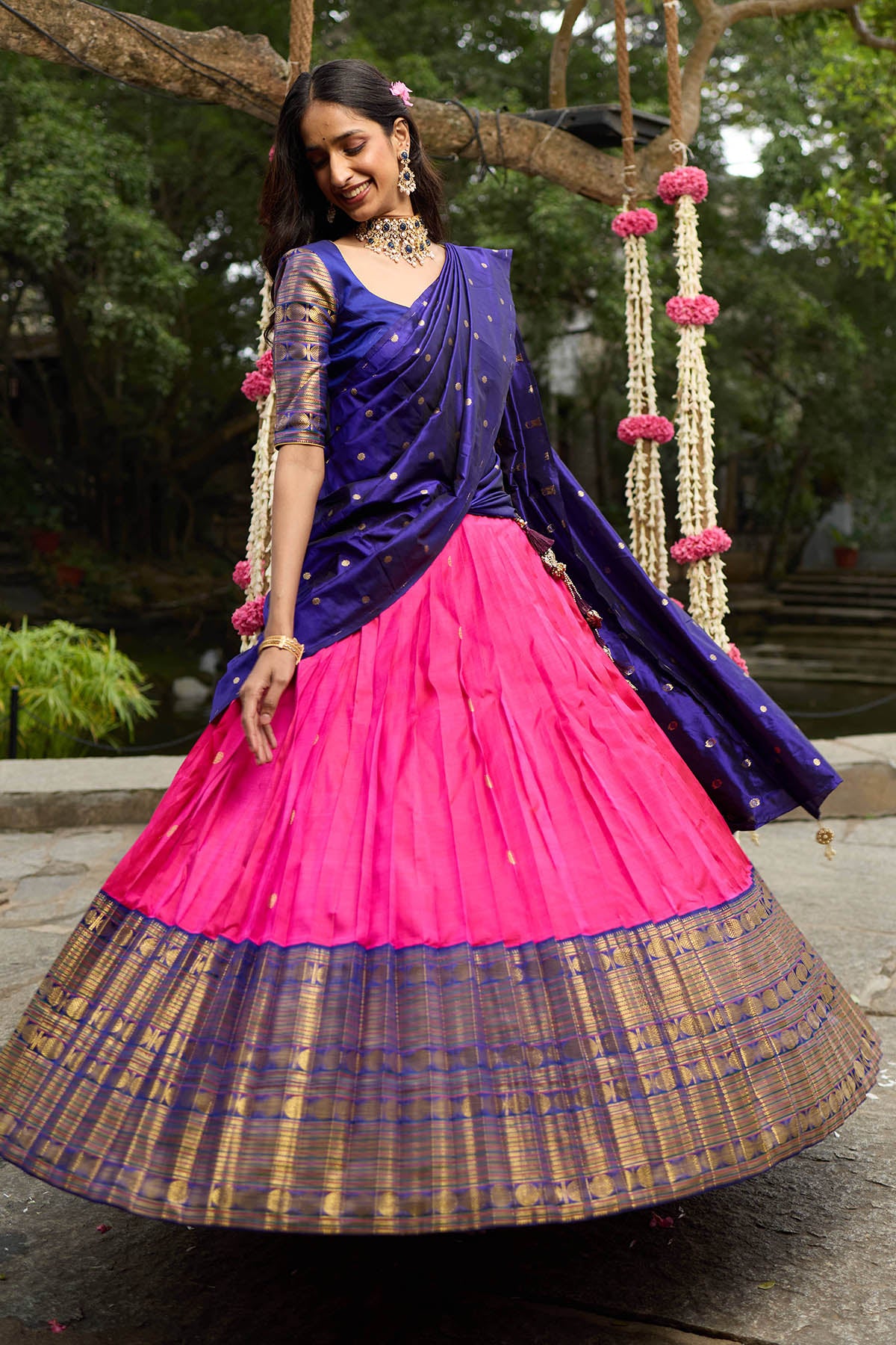 Kanchipuram Silk Butta Rani Pink Lehenga Set With Contrast Very Big Border