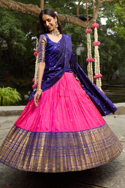 Kanchipuram Silk Butta Rani Pink Lehenga Set With Contrast Very Big Border