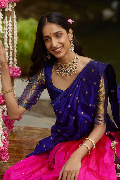 Kanchipuram Silk Butta Rani Pink Lehenga Set With Contrast Very Big Border