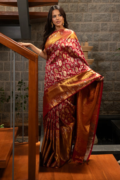 Kanchipuram Silk Jaal Red Saree With Big Border