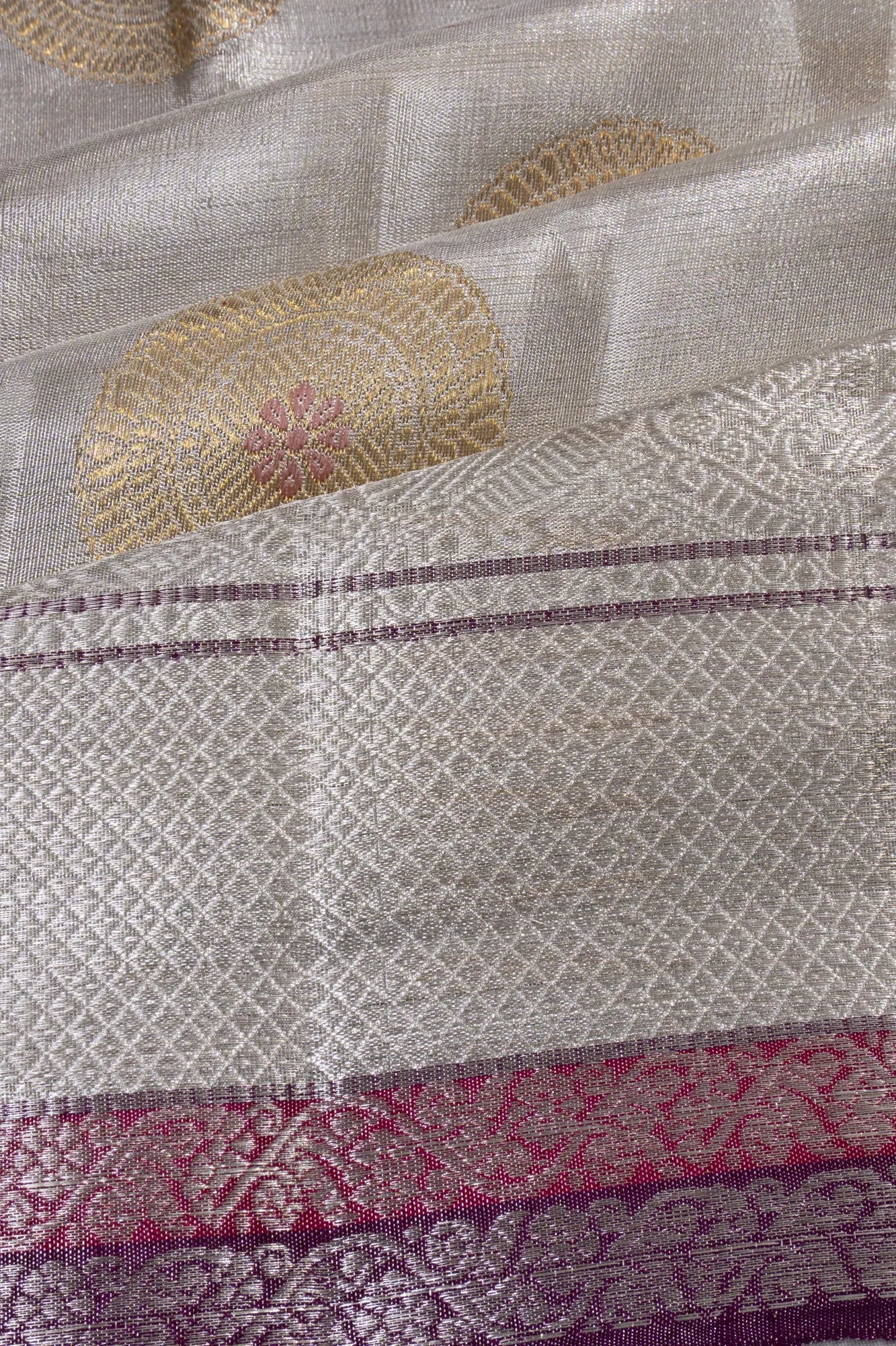 Kanchipuram Silk Tissue Butta Silver Saree
