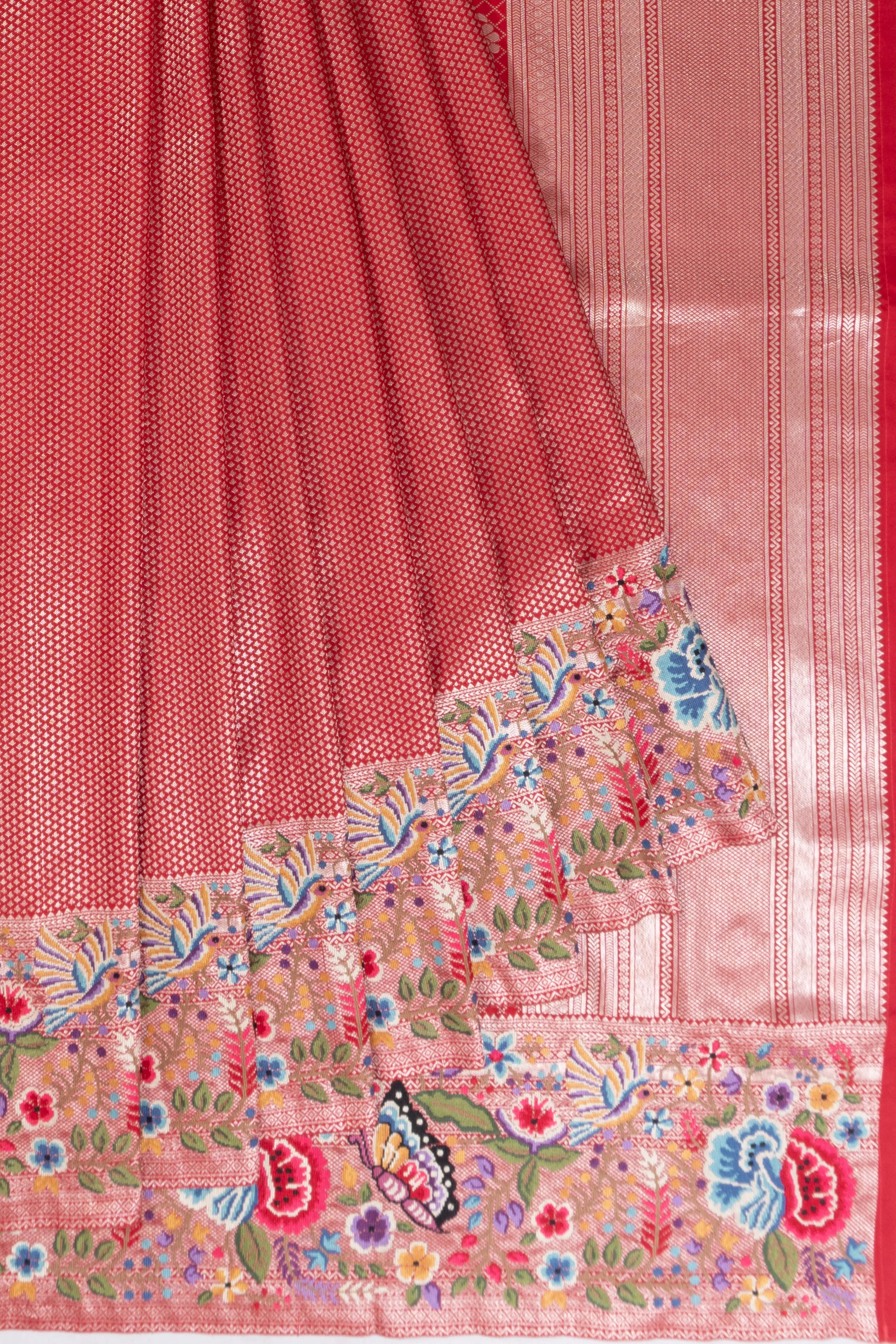 Kanchipuram Silk Brocade Red Saree With Embroidery Border