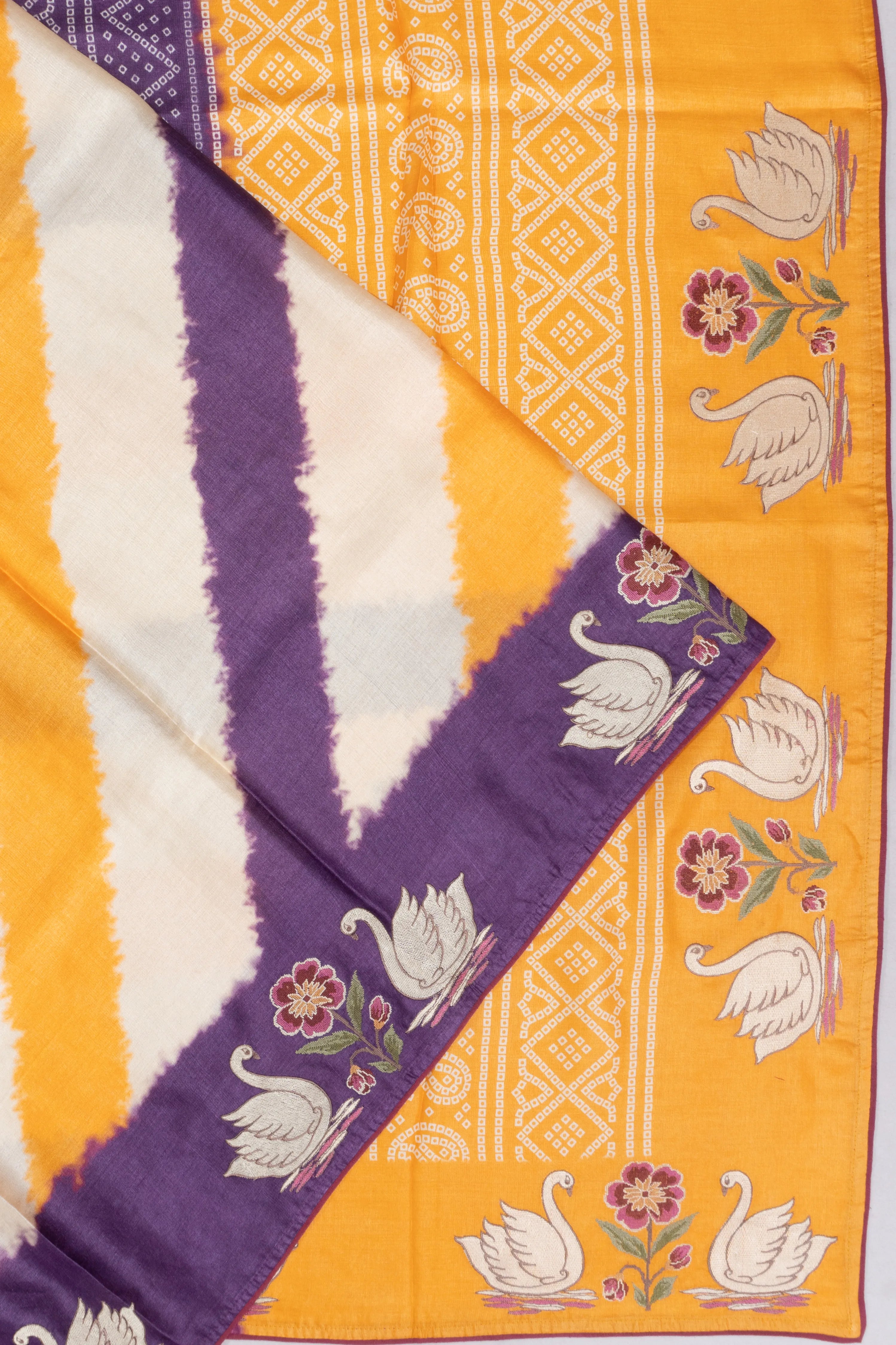 Tussar Soft Silk Leheriya White Saree With Embroidery