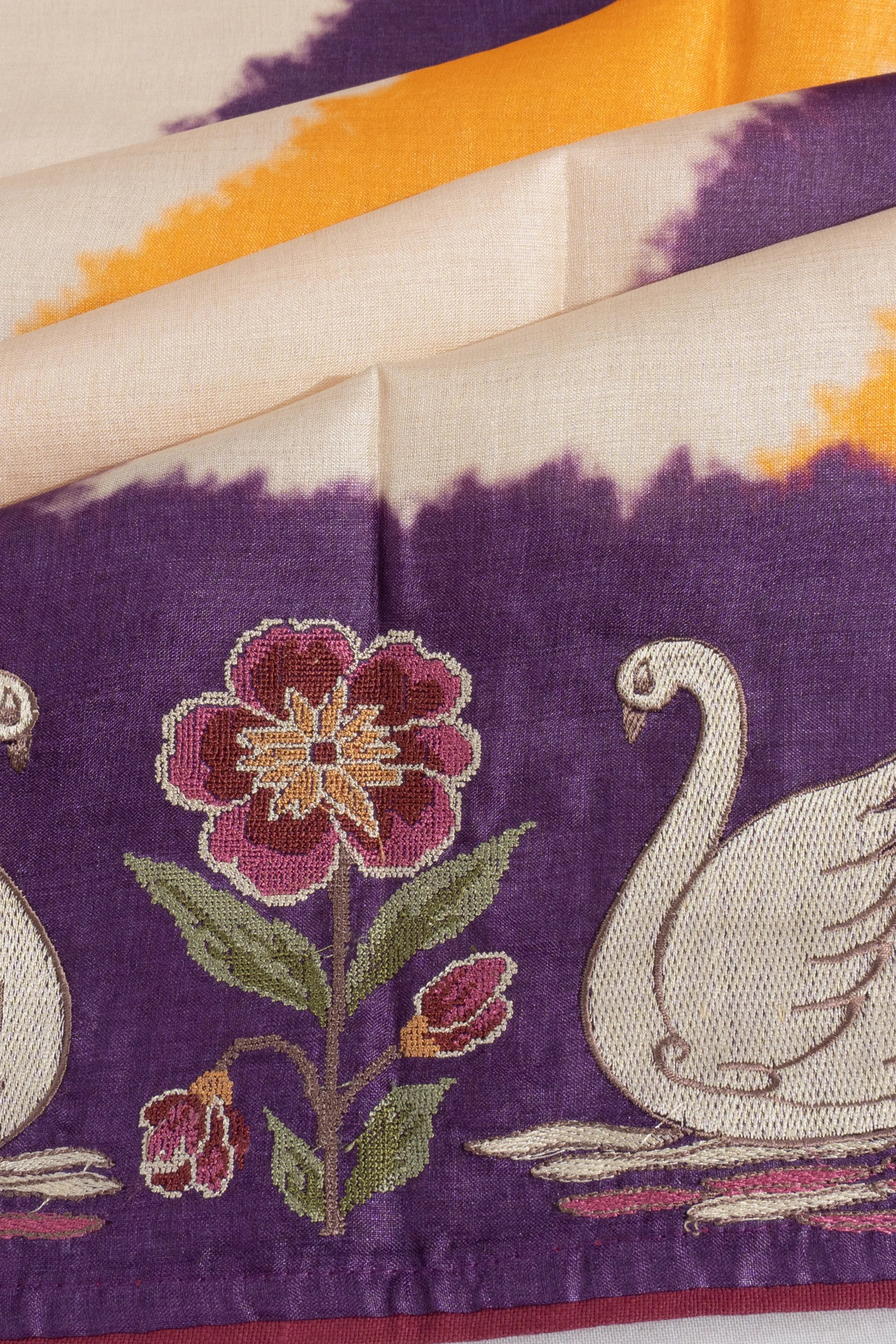 Tussar Soft Silk Leheriya White Saree With Embroidery