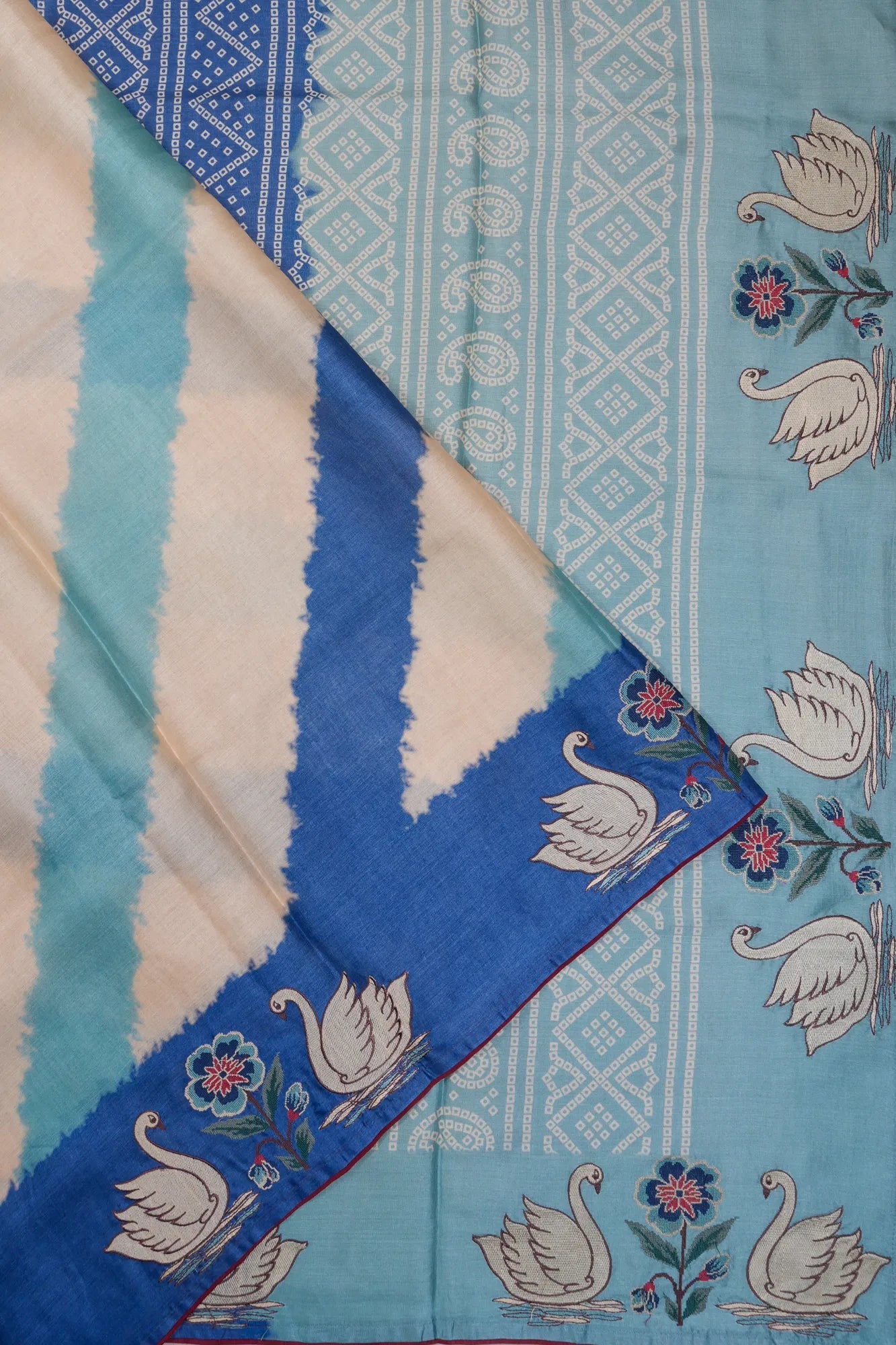 Tussar Soft Silk Leheriya Off White Saree With Embroidery