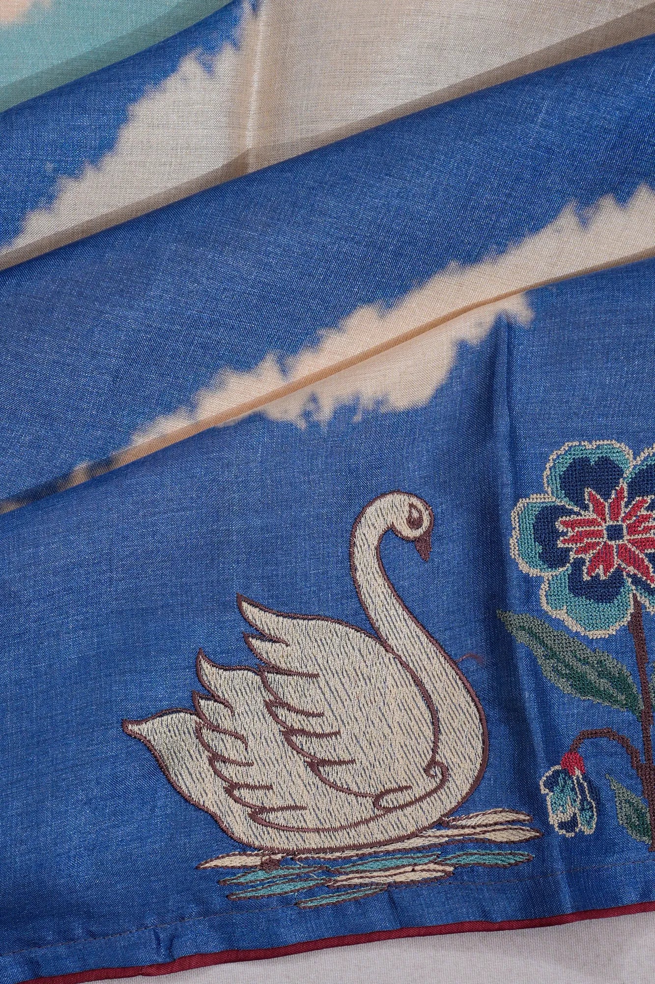 Tussar Soft Silk Leheriya Off White Saree With Embroidery