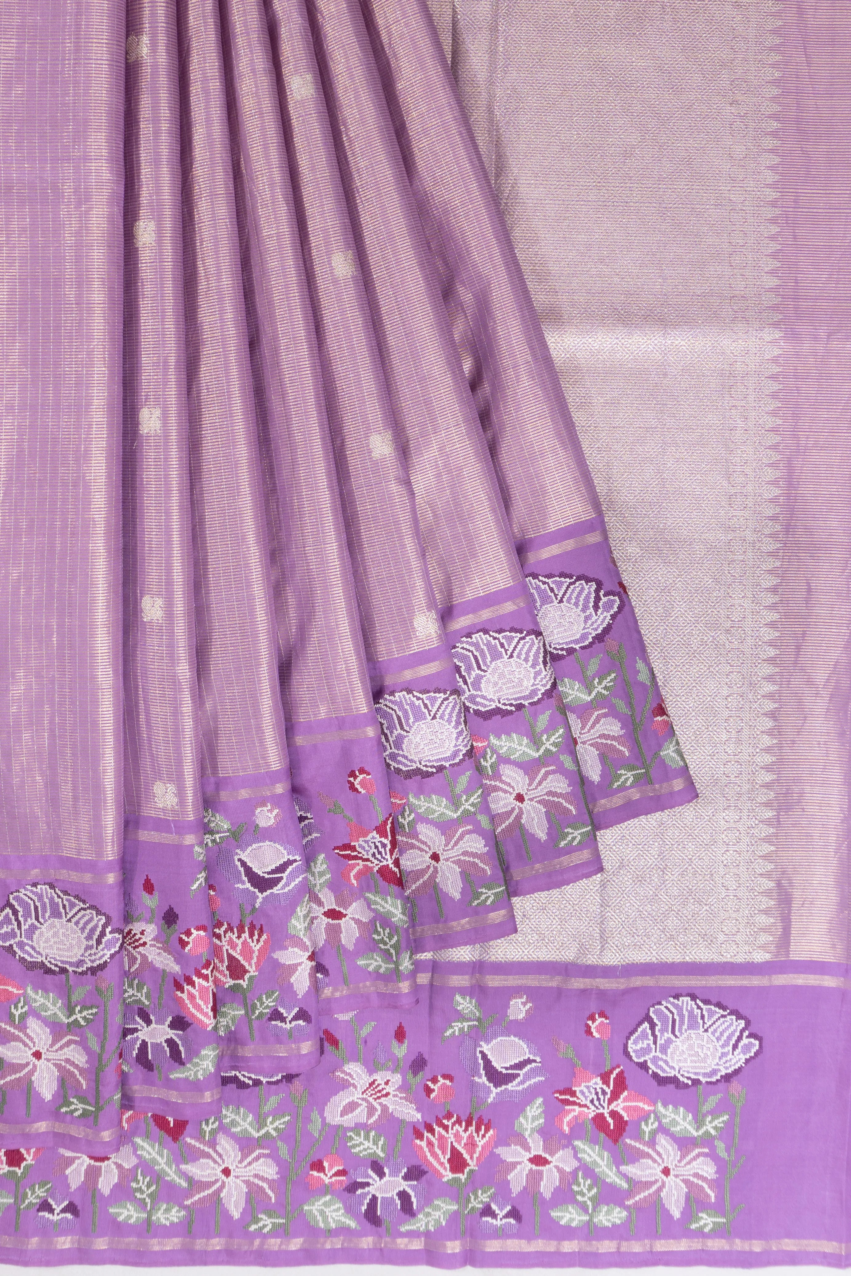 Kanchipuram Silk Lines Butta Lavender Saree With Embroidery Border