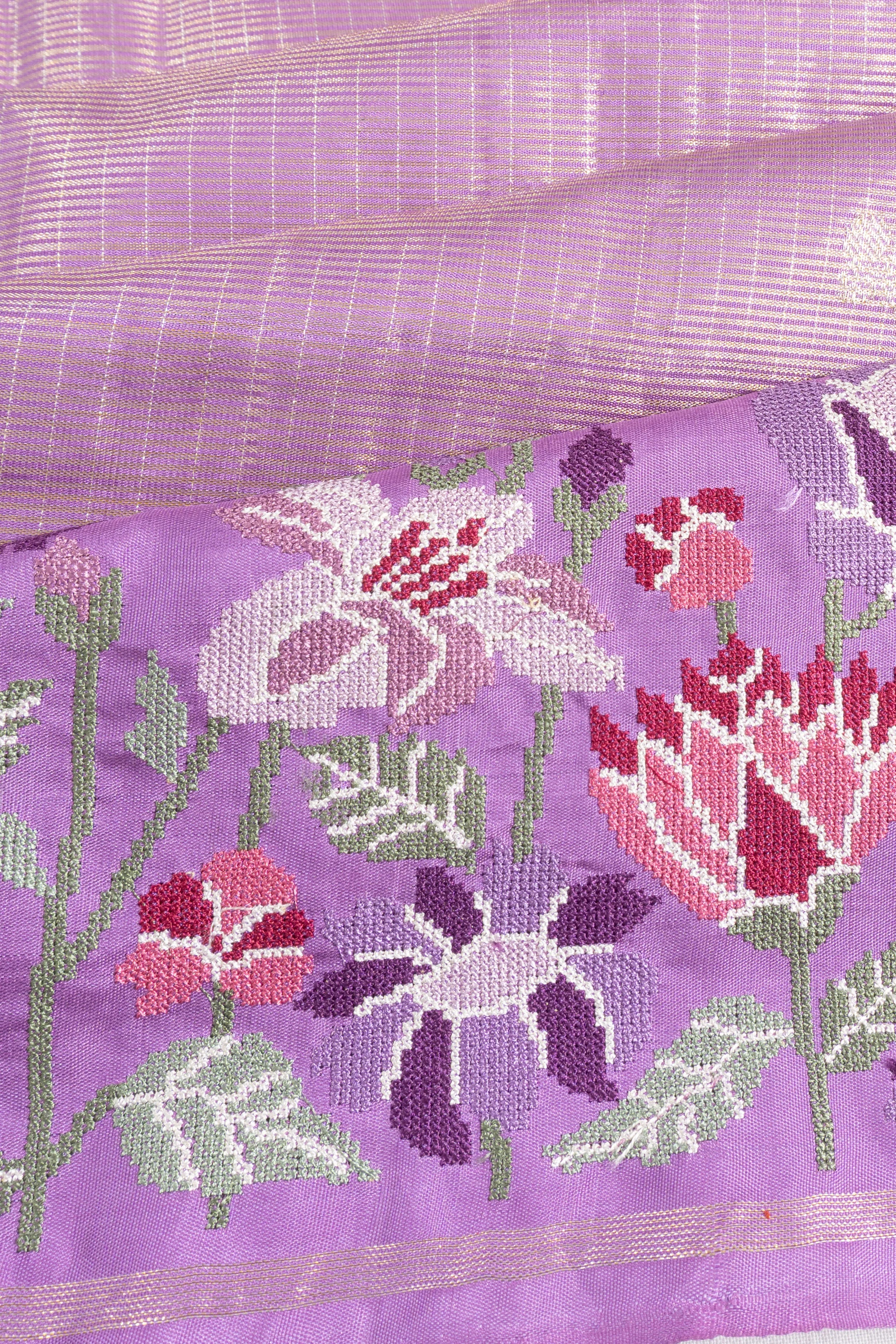 Kanchipuram Silk Lines Butta Lavender Saree With Embroidery Border