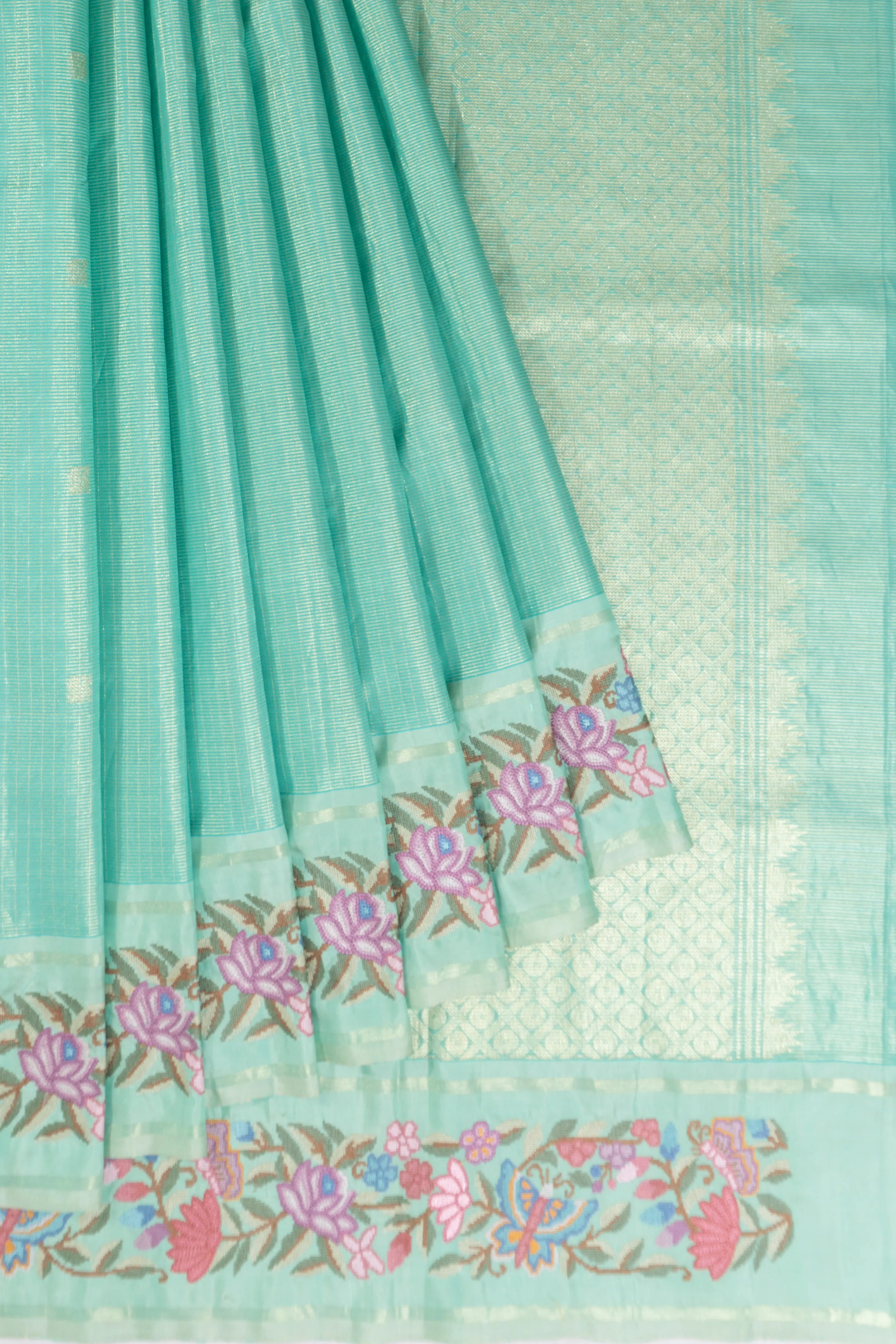Kanchipuram Silk Lines Butta Sea Blue Saree With Embroidery Border