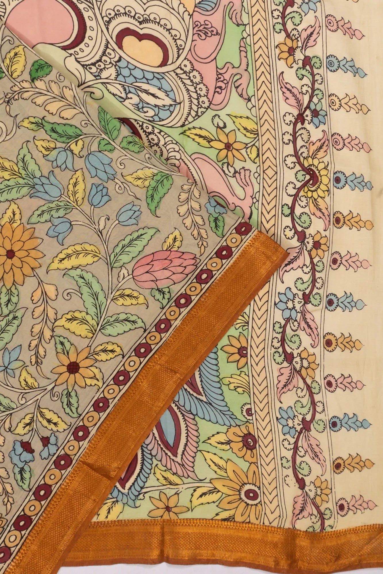 Taranga Kanchi Silk Kalamkari Hand Painted Cream Saree