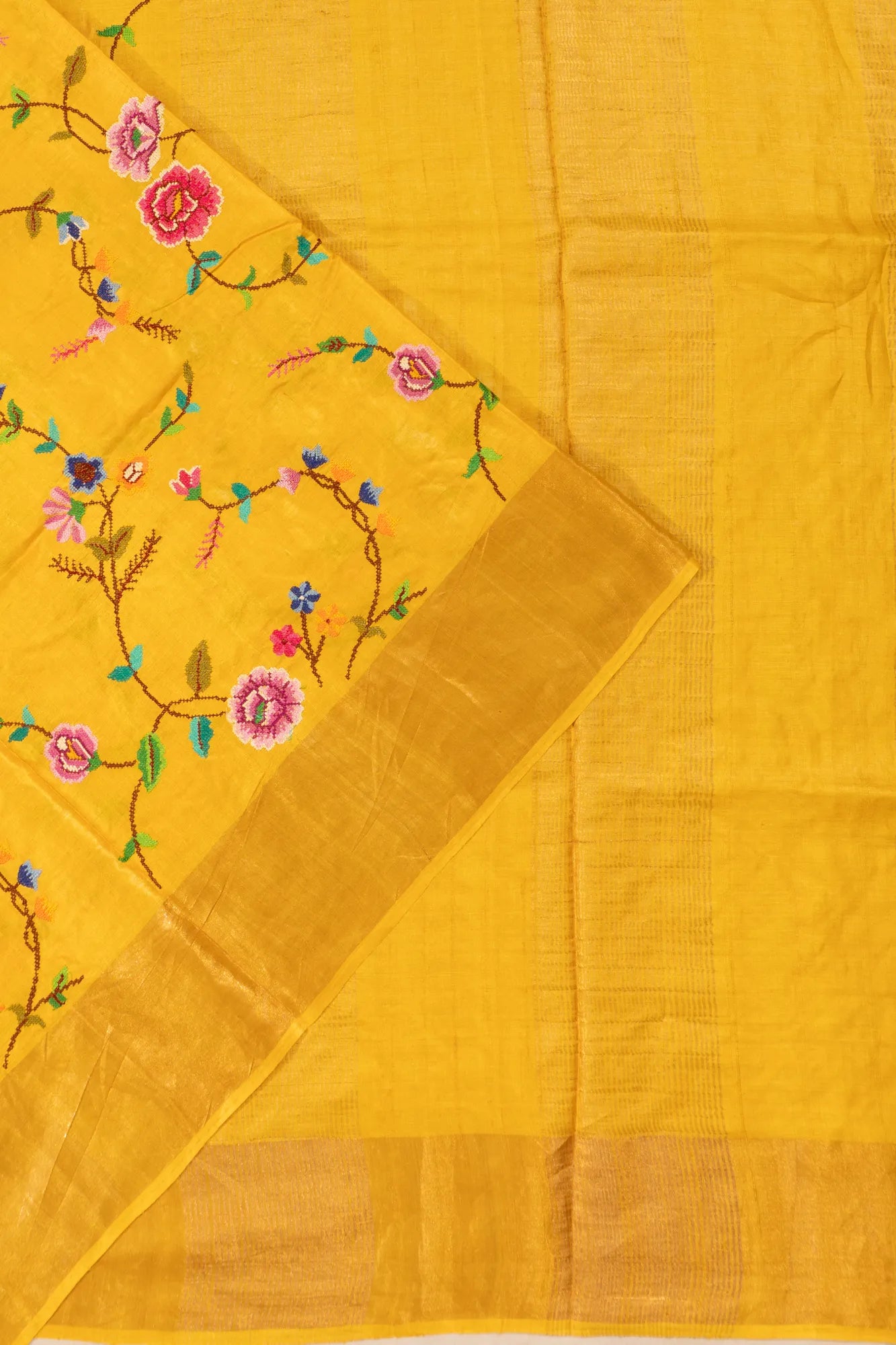 Tussar Floral Embroidery Yellow Saree